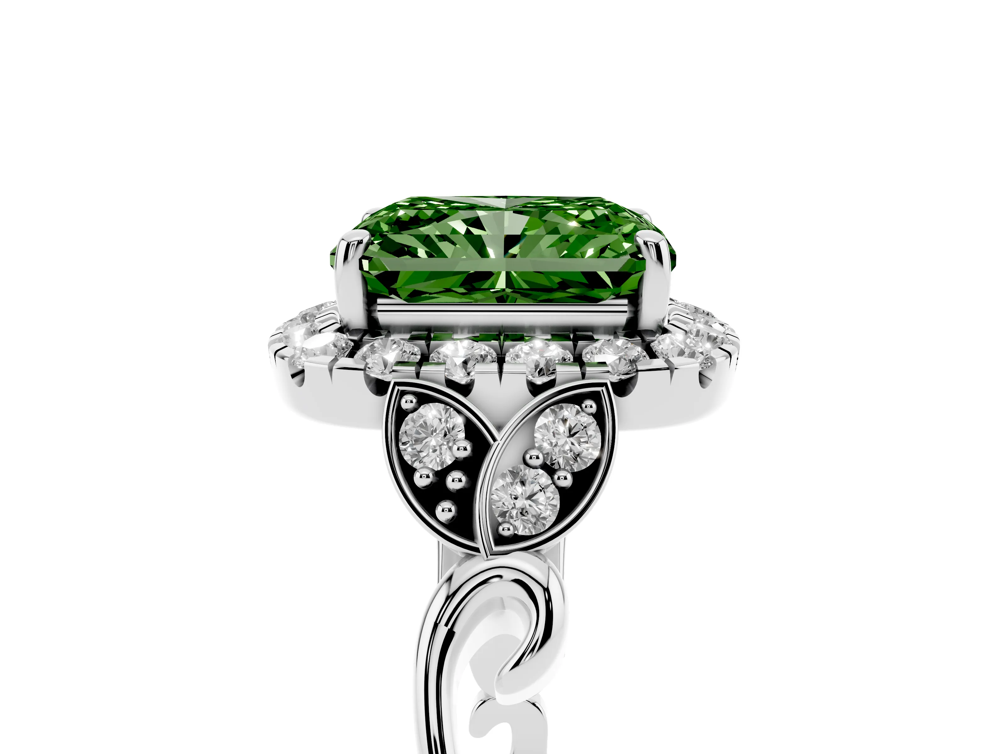 Fancy Green Radiant Cut Diamond Halo Engagement Ring Set in White gold with Vintage-Inspired Band and Prong Setting