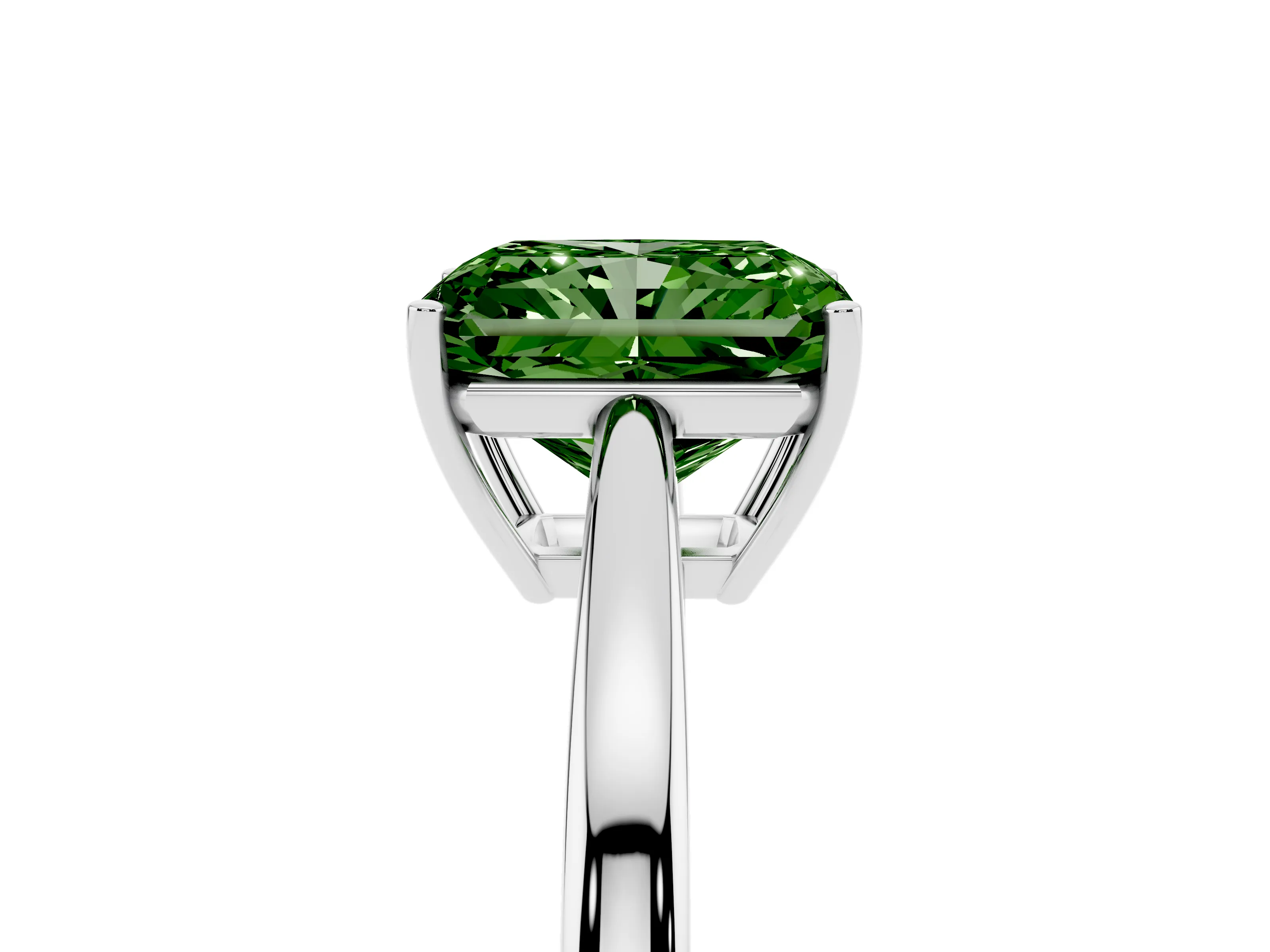 Fancy Green Radiant Cut Diamond Solitaire Ring Set in Silver with Split Shank and Prong Setting