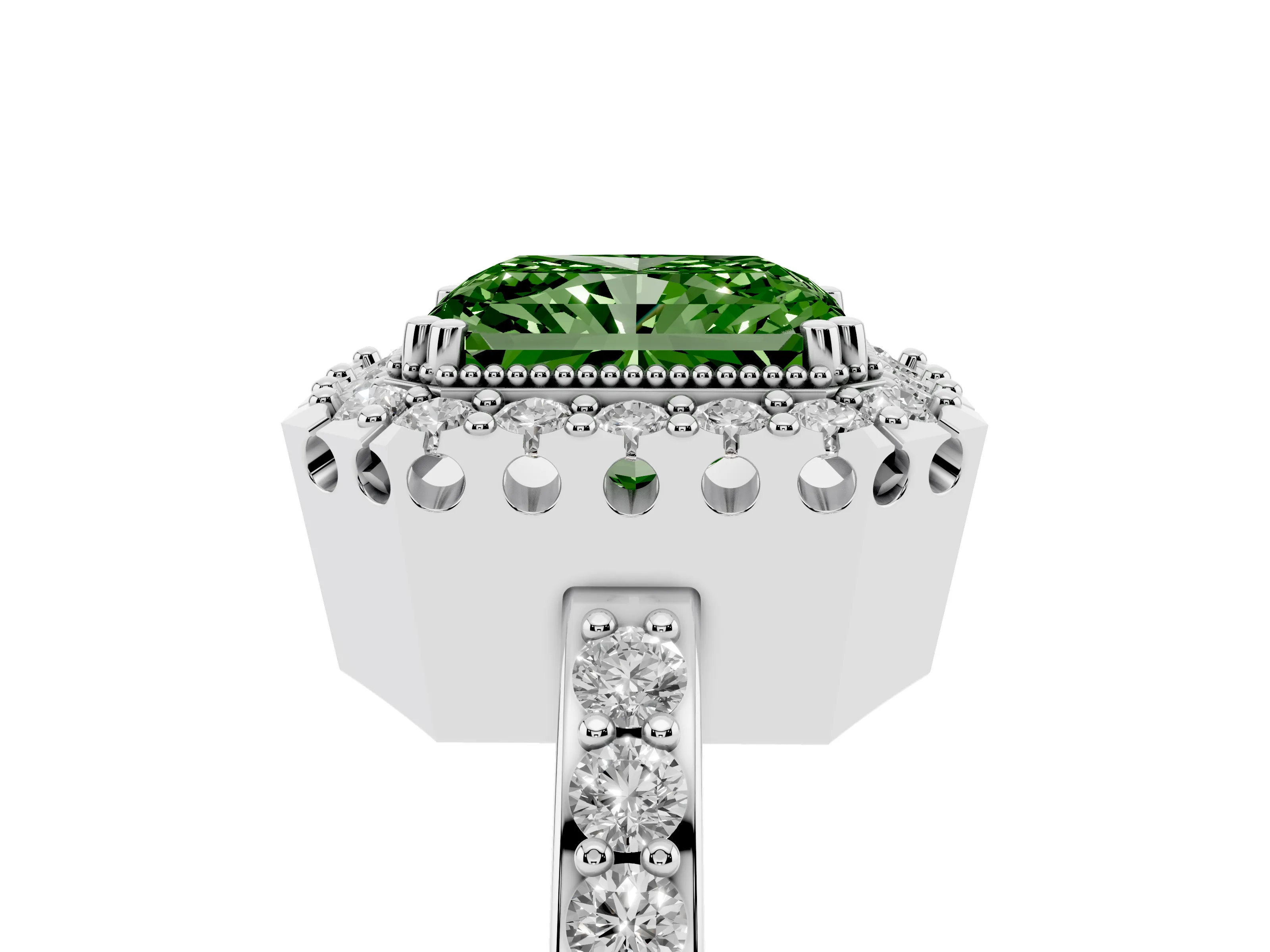 Fancy Green Radiant Cut Diamond Halo Ring Set in White gold with Pavé Shank and Prong Setting