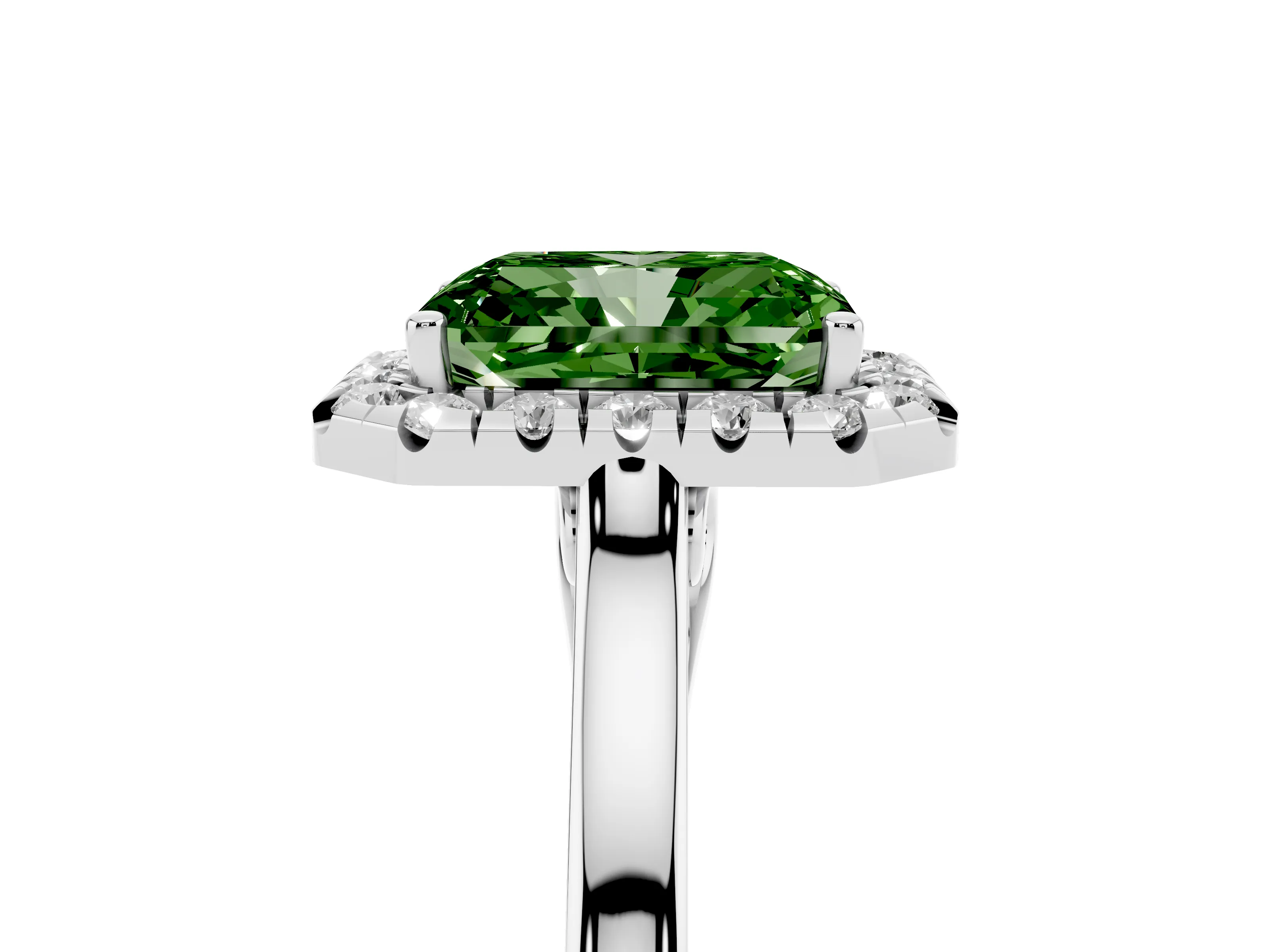 Fancy Green Radiant Cut Halo Round Diamond Solitaire Ring Set in White gold with Pavé Band and Prong Setting