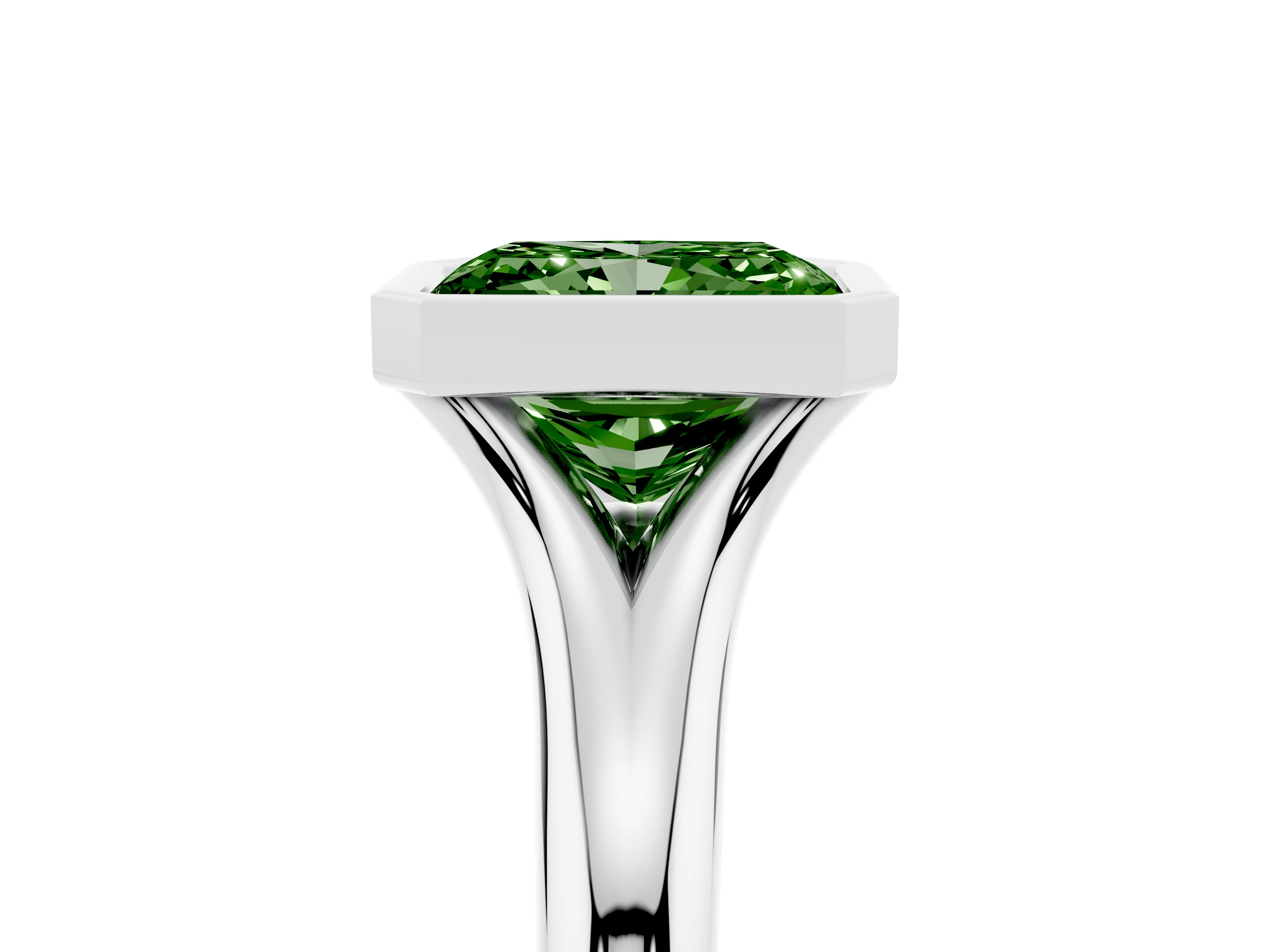 Fancy Green Bezel Set Radiant Cut Diamond Solitaire Ring Set in Silver with Smooth Band