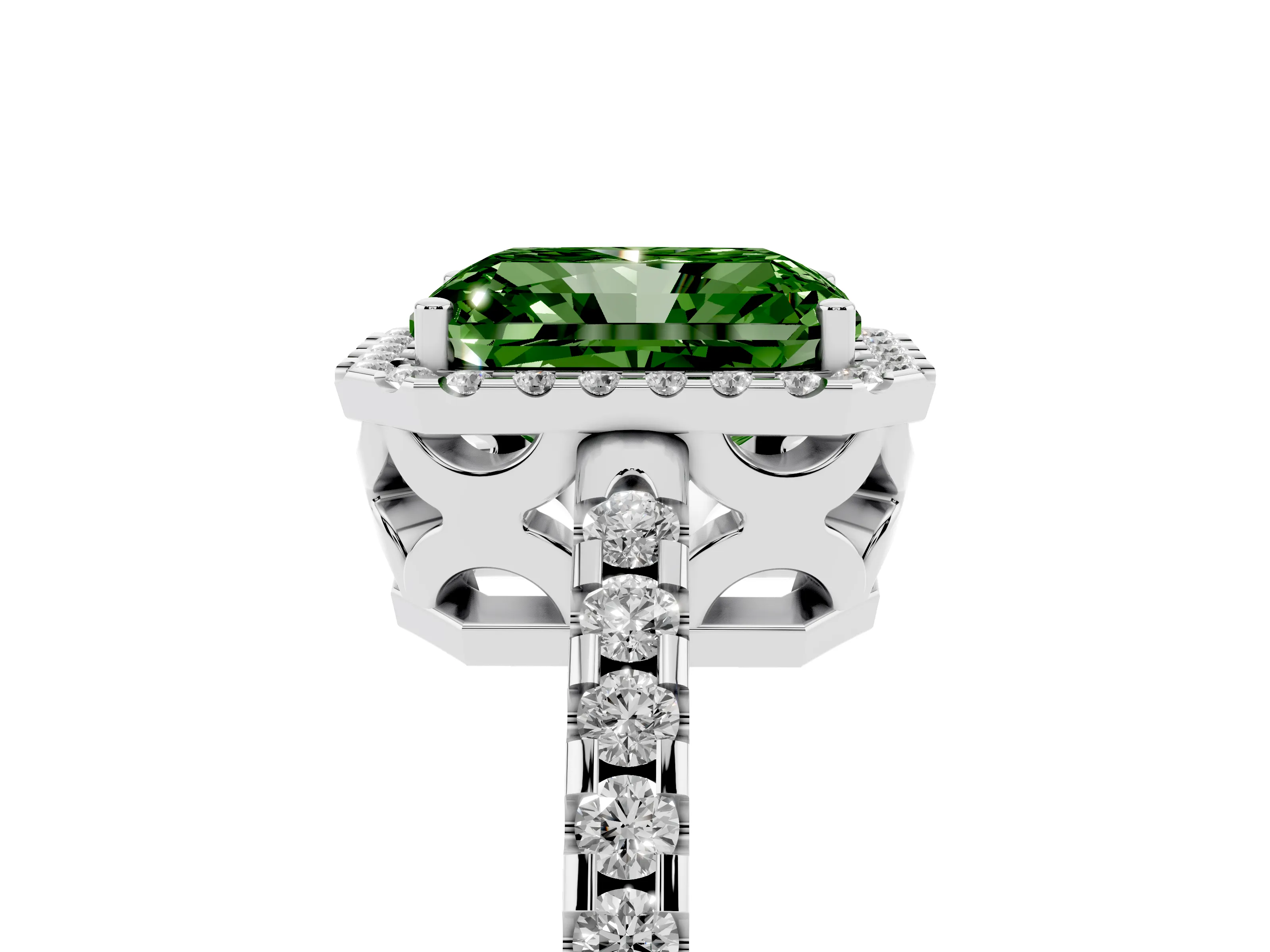 Fancy Green Radiant Cut Diamond Halo Ring Set in Platinum with Pavé Shoulders and Halo-Framed Center