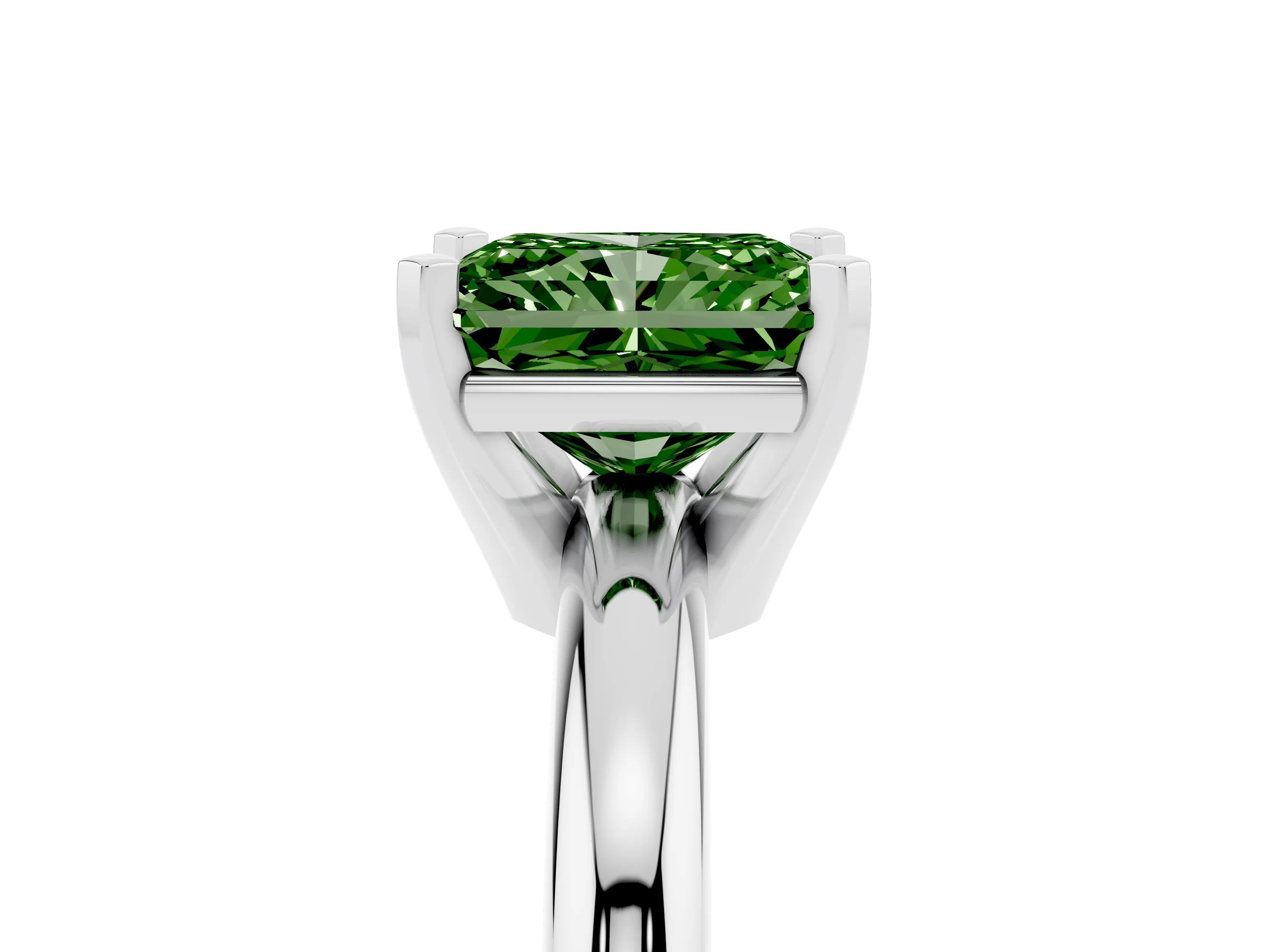 Fancy Green Radiant Cut Diamond Solitaire Engagement Ring Set in Silver with Round Band and Prong Setting
