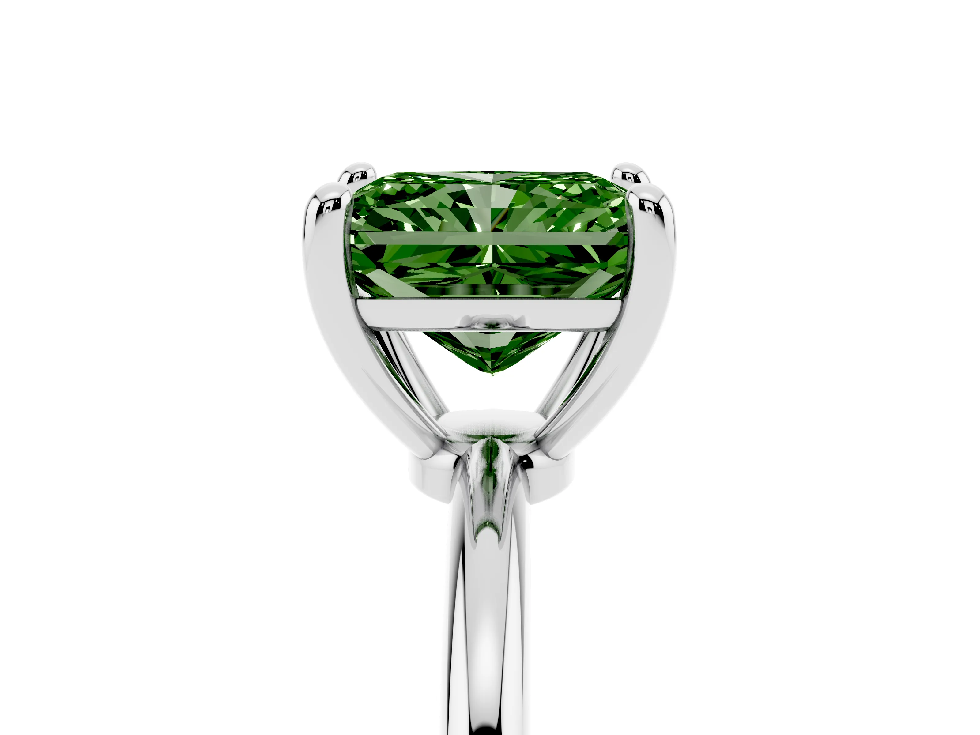 Fancy Green Radiant Cut Diamond Solitaire Ring Set in White gold with Secure Prong Setting on a Classic Band