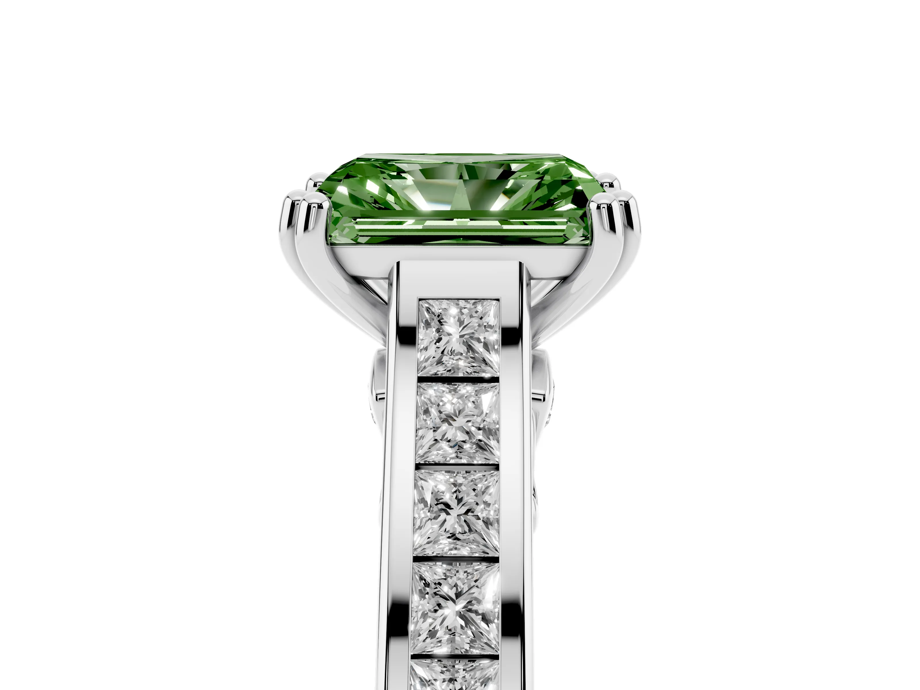 Fancy Green Radiant Cut Diamond Channel Set Solitaire Engagement Ring Set in Platinum with Prong Setting