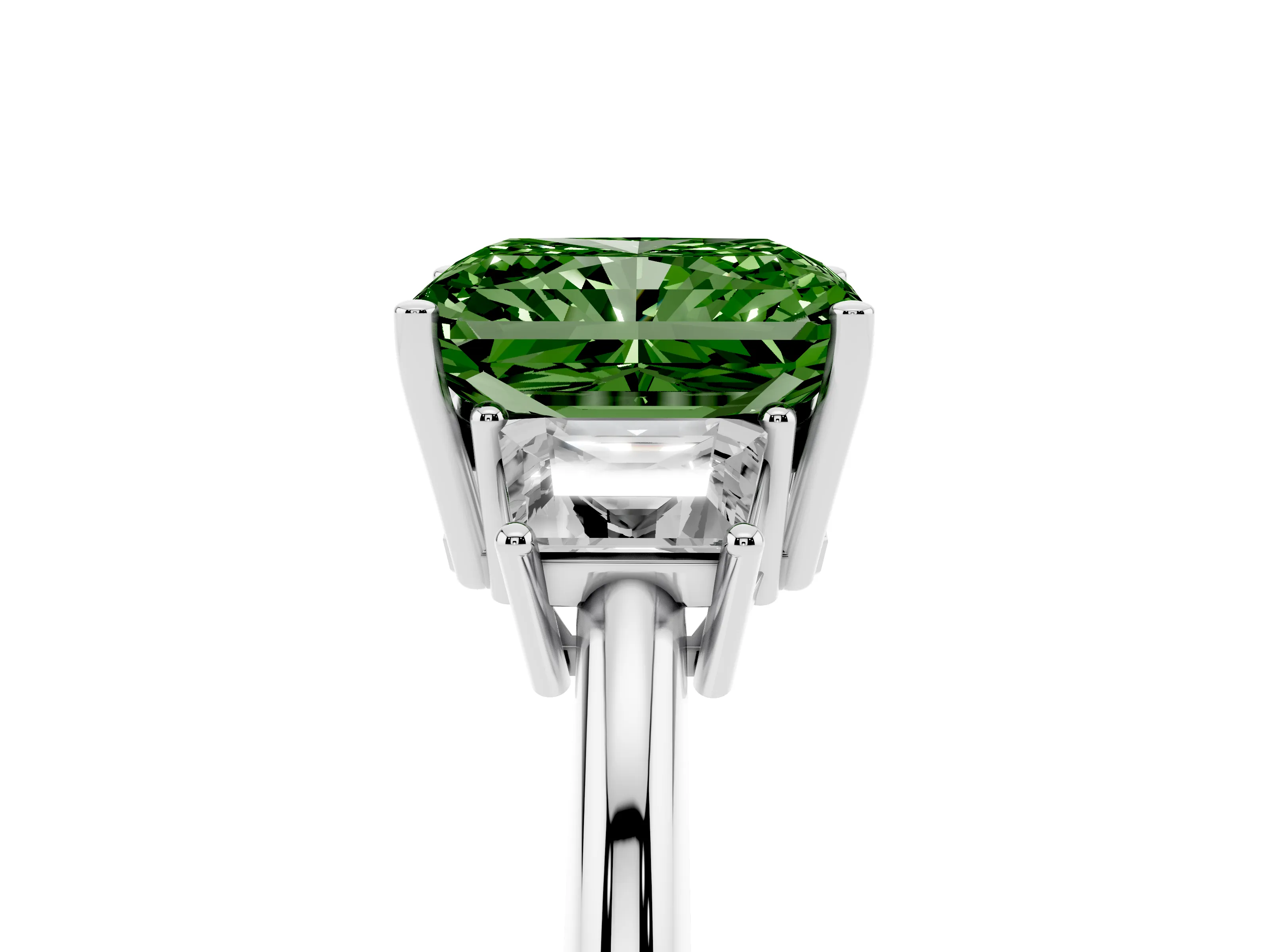 Fancy Green Radiant Cut Diamond Three-Stone Ring Set in Silver with Trapezoid Side Stones and Prong Setting