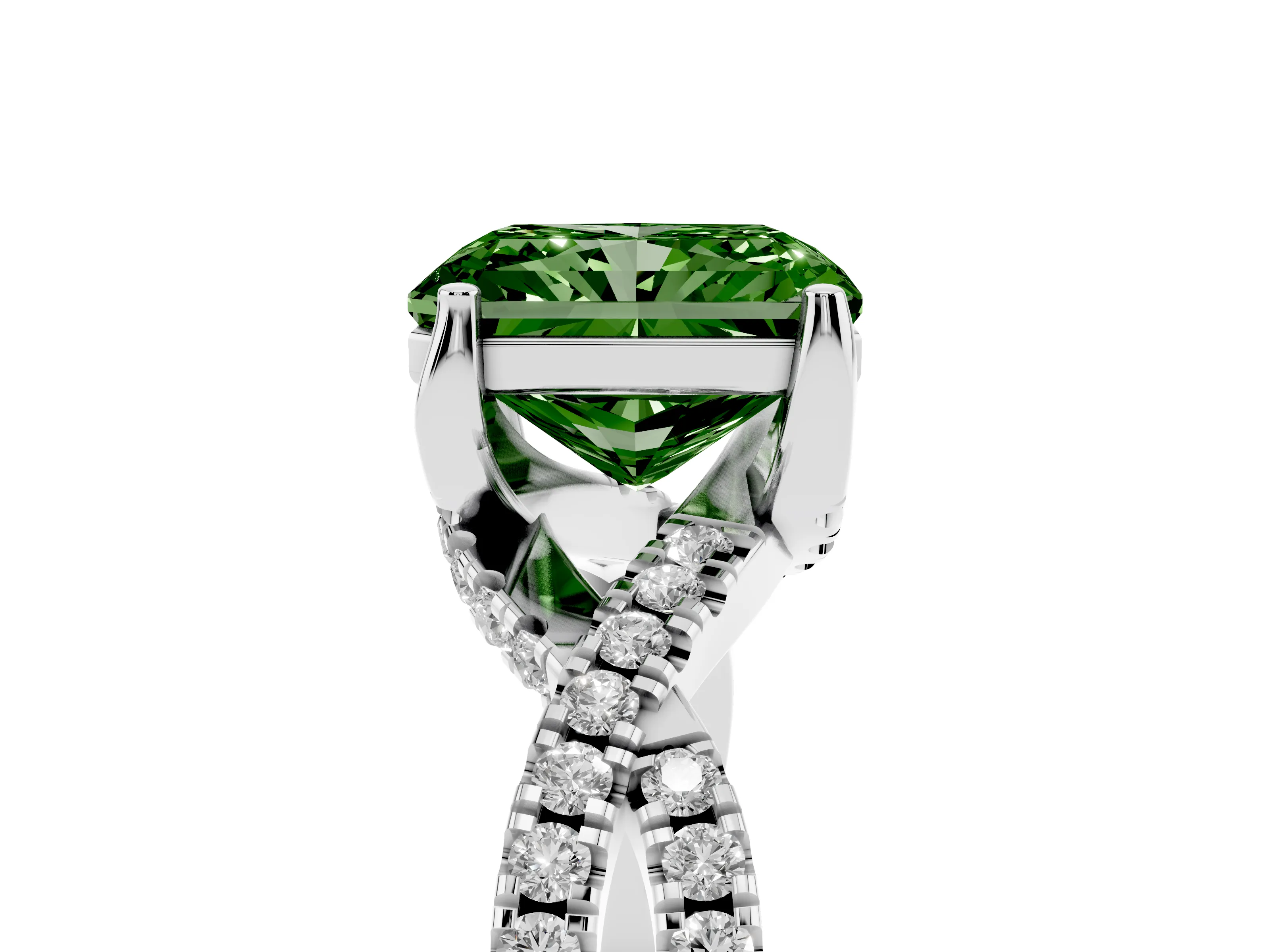 Fancy Green Radiant Cut Diamond Twist Pavé Solitaire Engagement Ring Set in Silver with Prong Setting