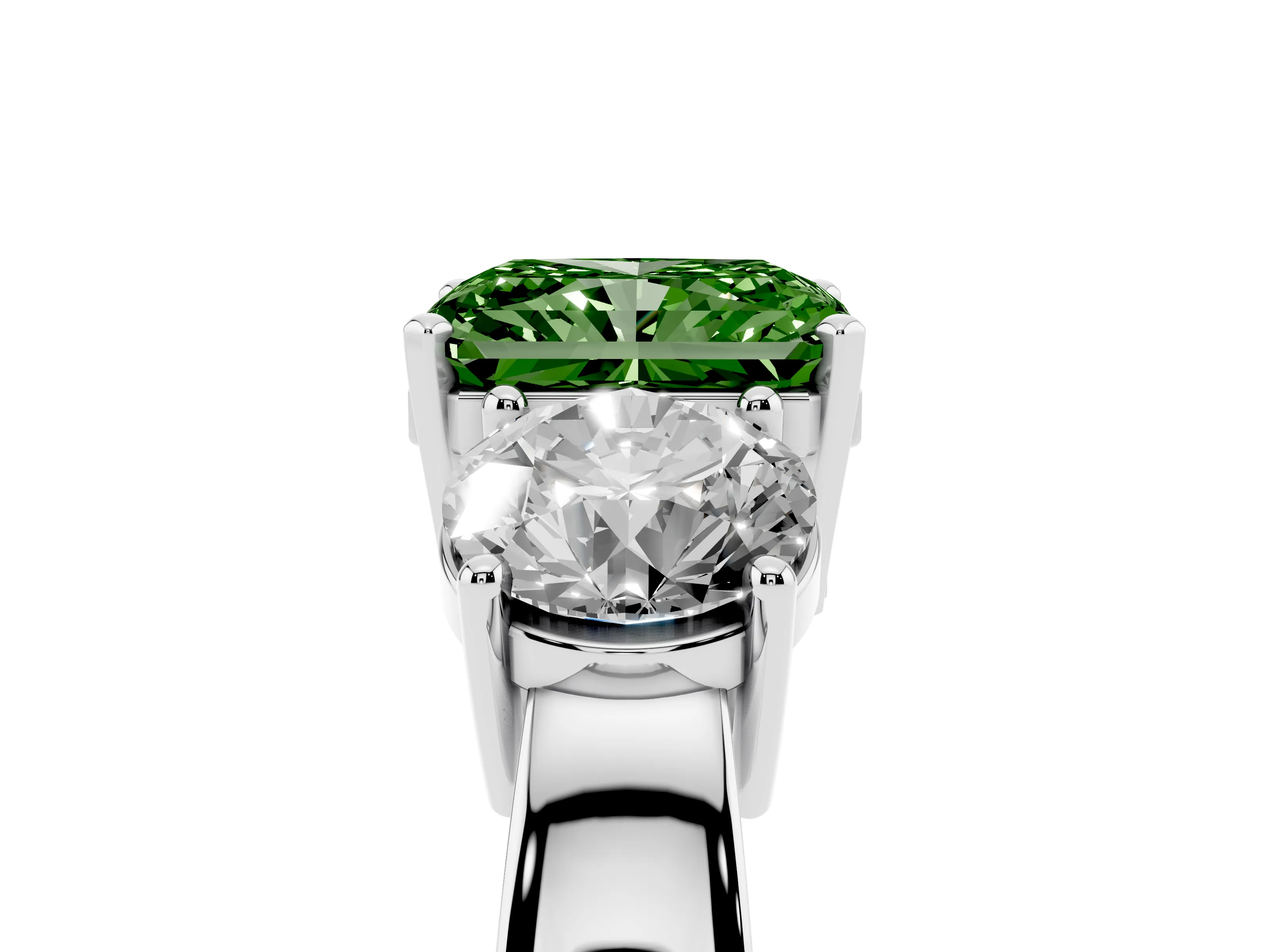 Fancy Green Radiant Cut Diamond Three-Stone Ring Set in Platinum with Round Side Stones and Classic Band