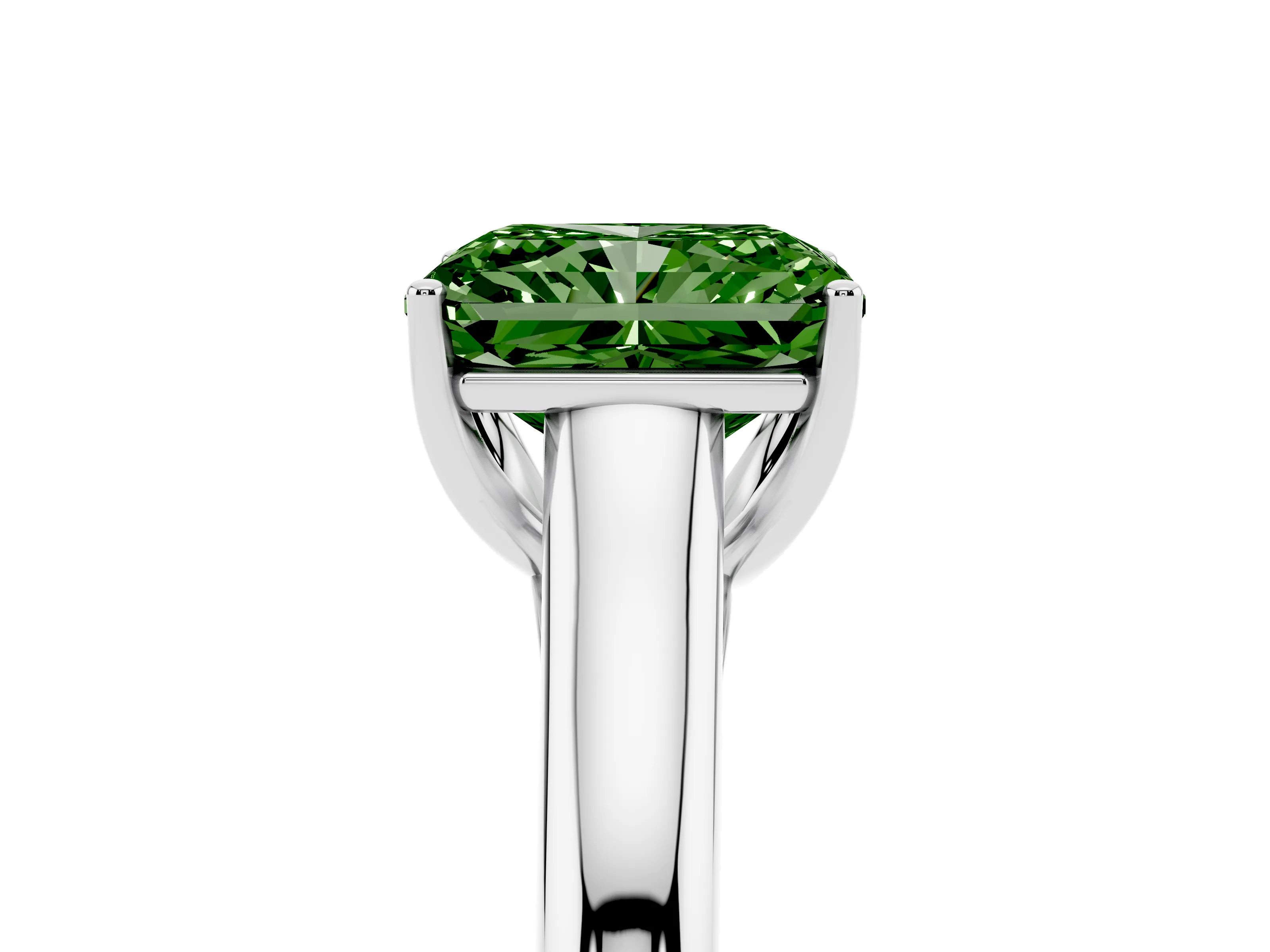 Fancy Green Radiant Cut Diamond Solitaire Engagement Ring Set in Platinum with Subtly Tapered Band and Prong Setting
