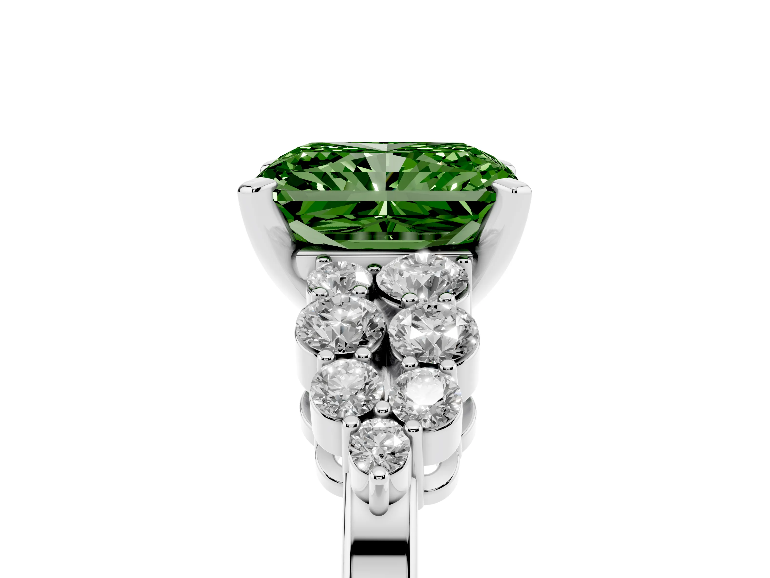 Fancy Green Radiant Cut Diamond Cluster Engagement Ring Set in Platinum with Pavé Band and Prong Setting