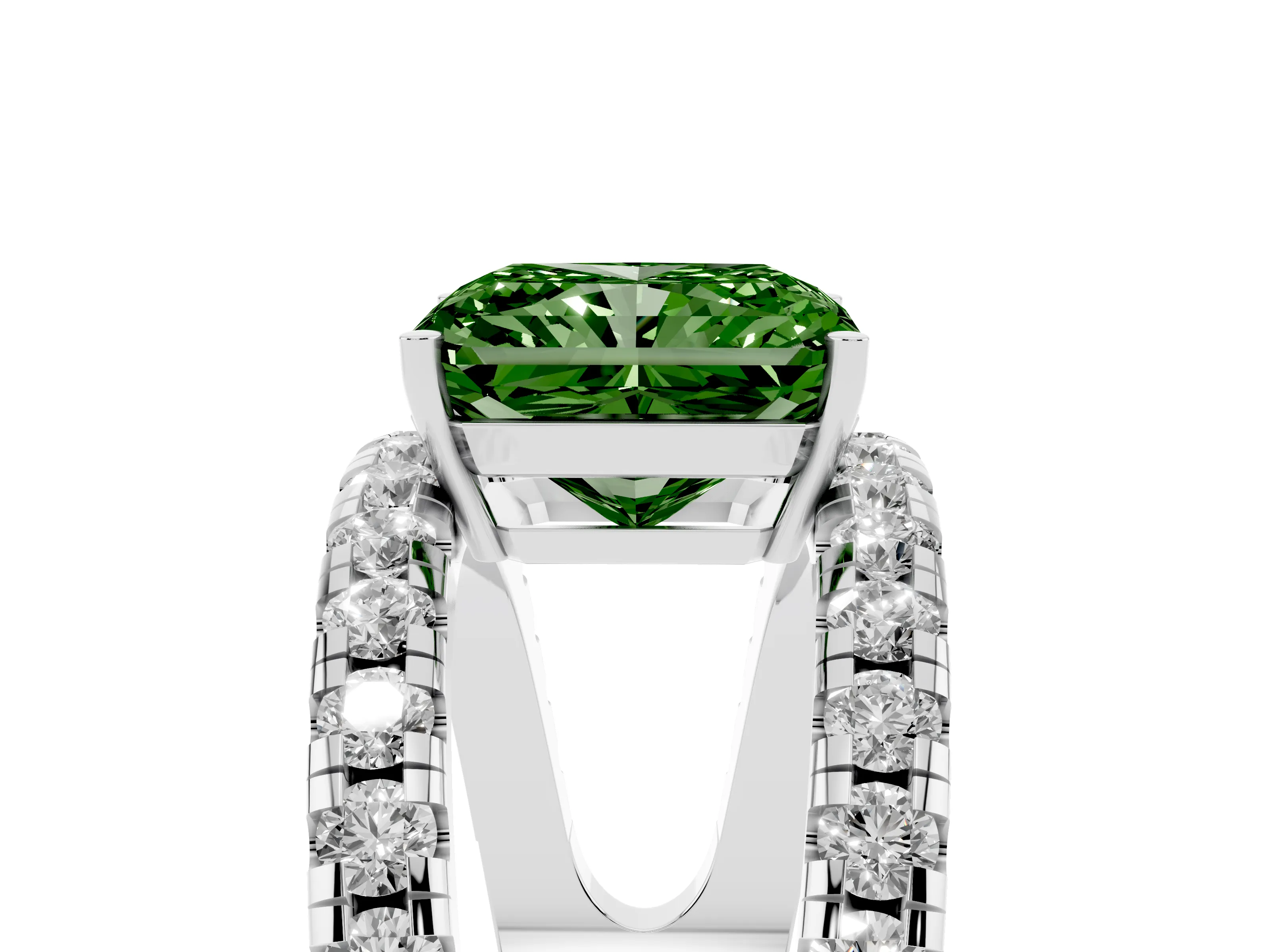 Fancy Green Radiant Cut Diamond Split Shank Pavé Solitaire Ring Set in Silver with Open Shank Design