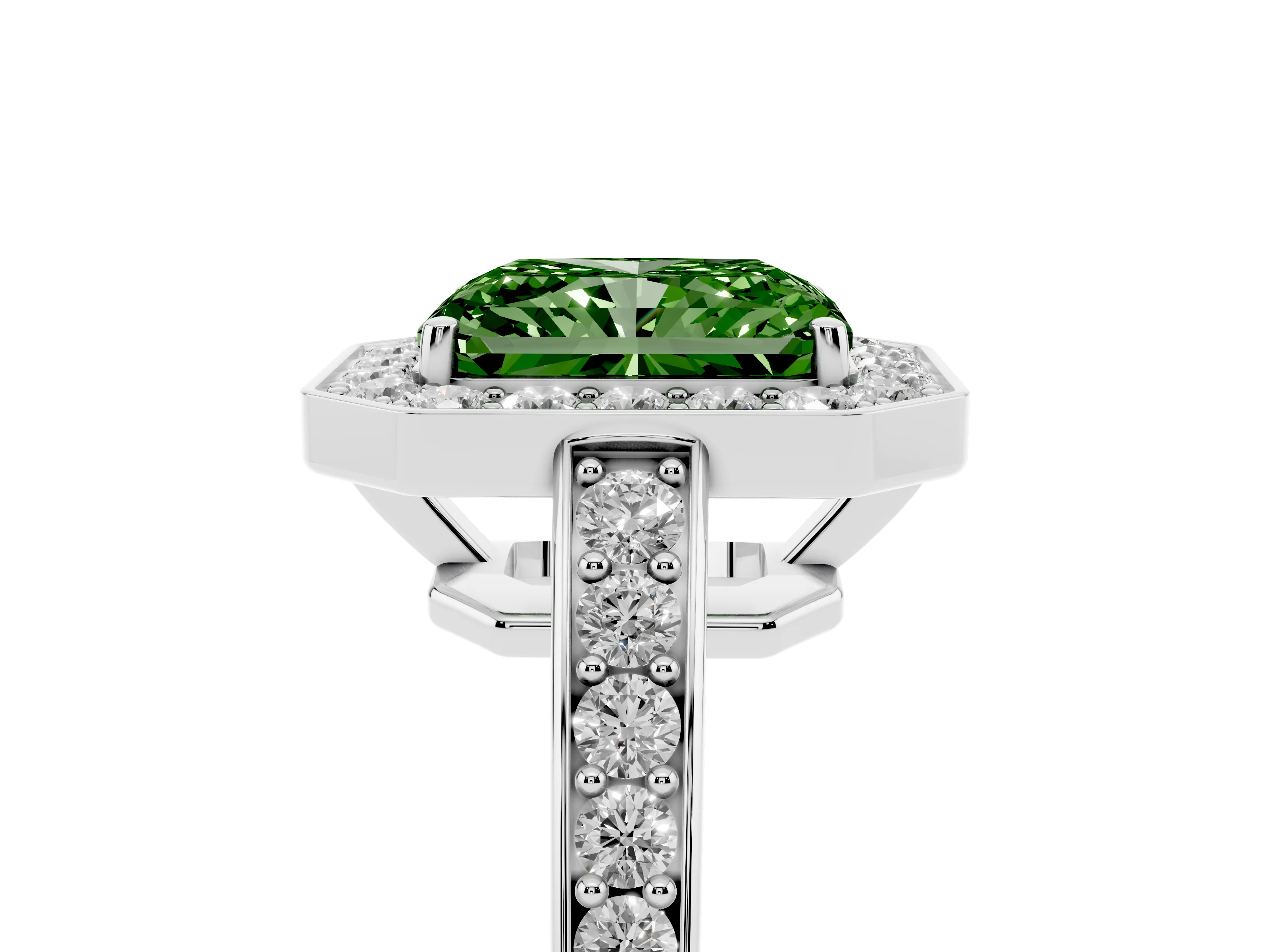 Fancy Green Radiant Cut Diamond Halo Pavé Engagement Ring Set in Platinum with Bezel Setting