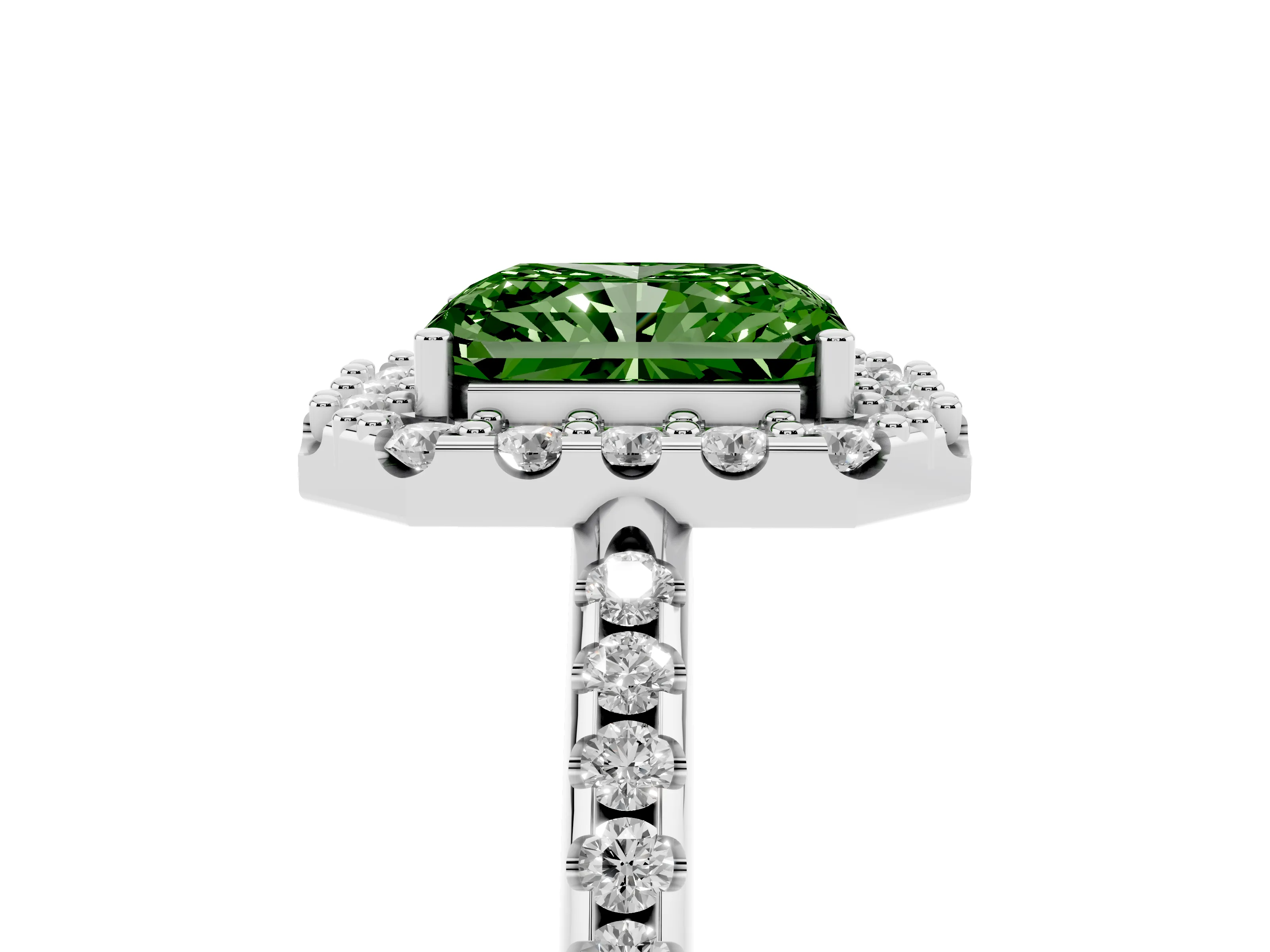 Fancy Green Radiant Cut Diamond Pavé Halo Ring Set in Silver with Prong Setting