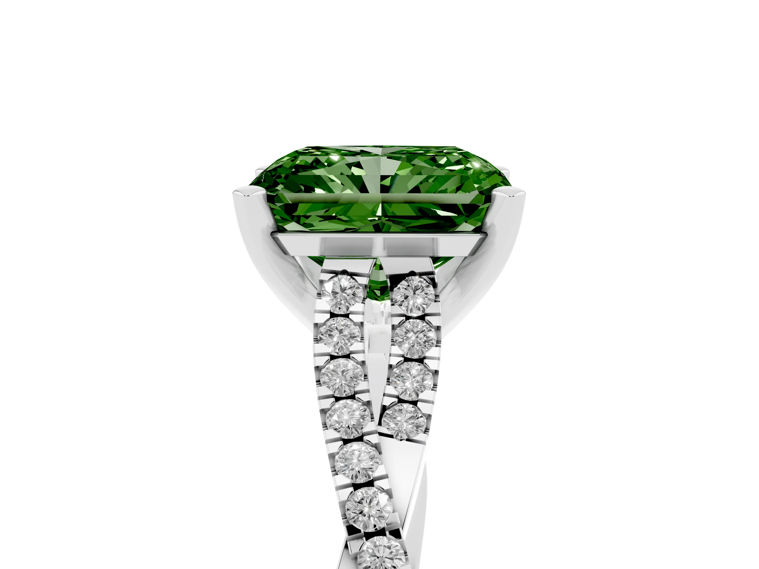 Fancy Green Radiant Cut Diamond Solitaire Engagement Ring Set in Platinum with Twisted Pavé Band and Prong Setting
