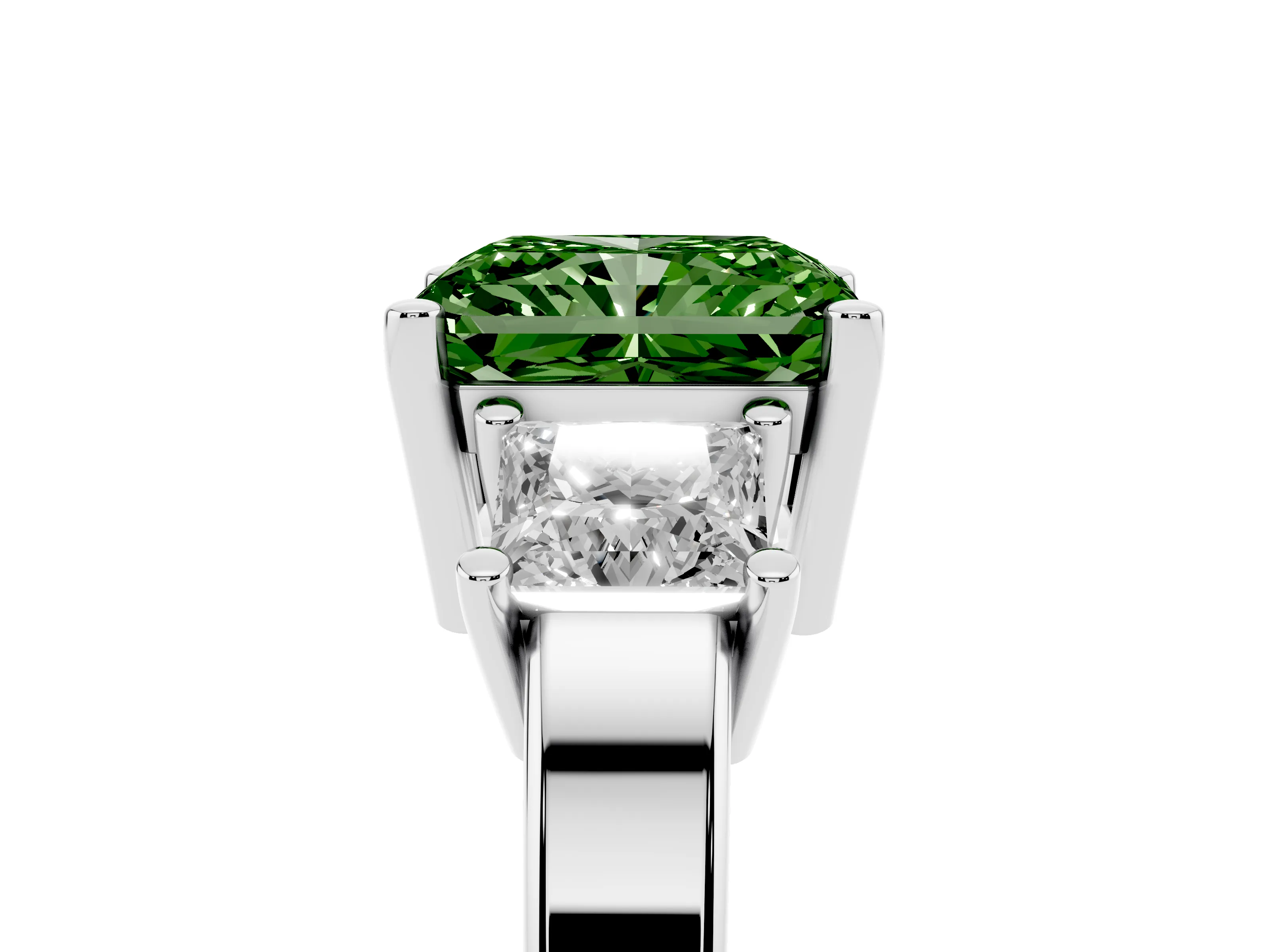 Fancy Green Three-Stone Radiant Cut Diamond Solitaire Ring Set in Platinum with Prong Setting