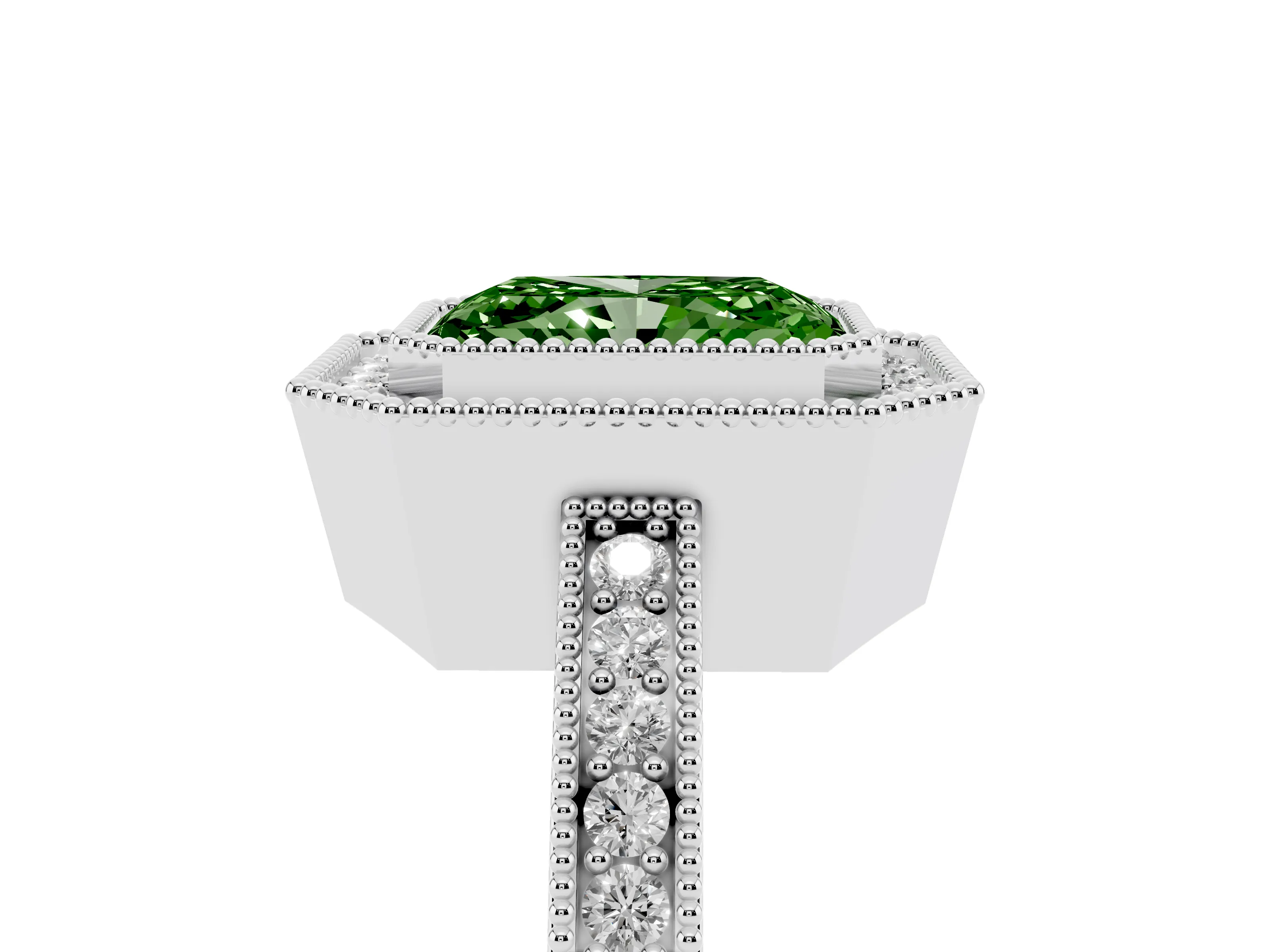 Fancy Green Radiant Cut Diamond Round Halo Ring Set in White gold with Pavé Band
