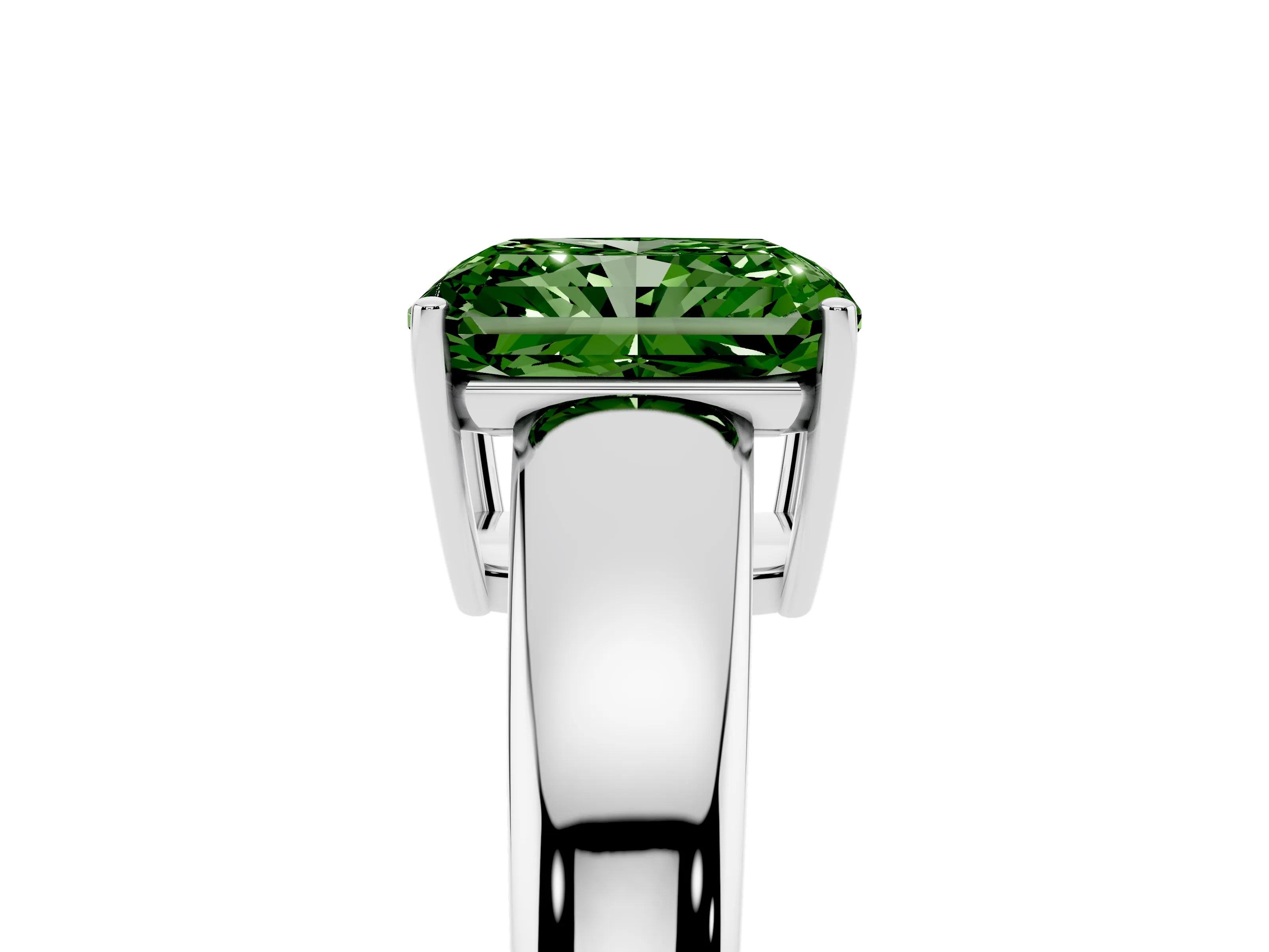 Fancy Green Radiant Cut Diamond Solitaire Ring Set in White gold with Tapered Band and Prong Setting