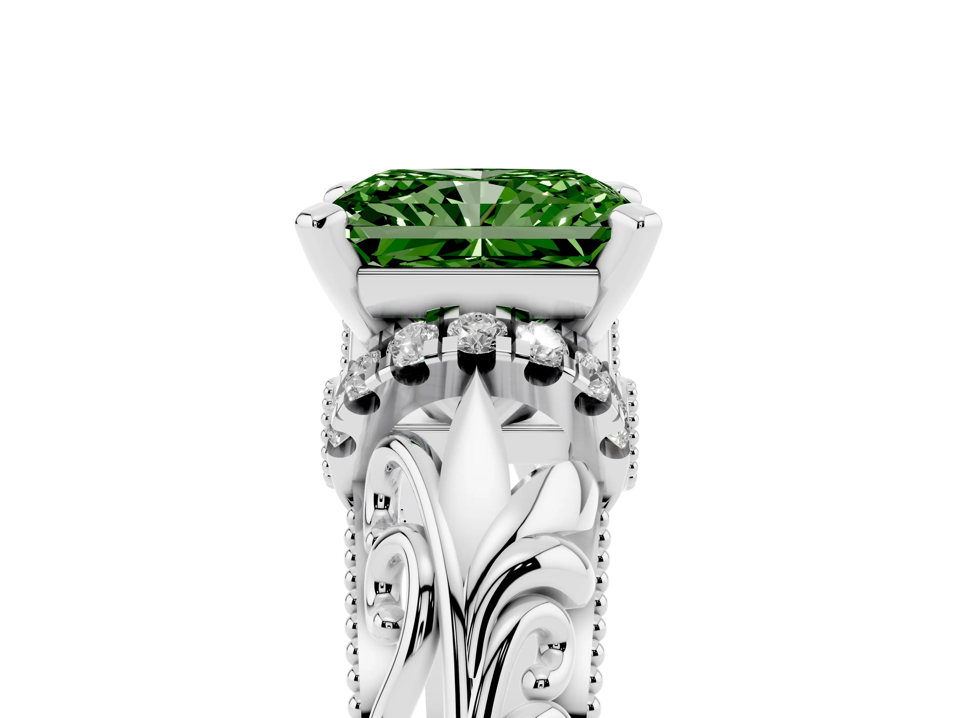 Fancy Green Radiant Cut Diamond Filigree Halo Engagement Ring Set in White gold with Prong Setting