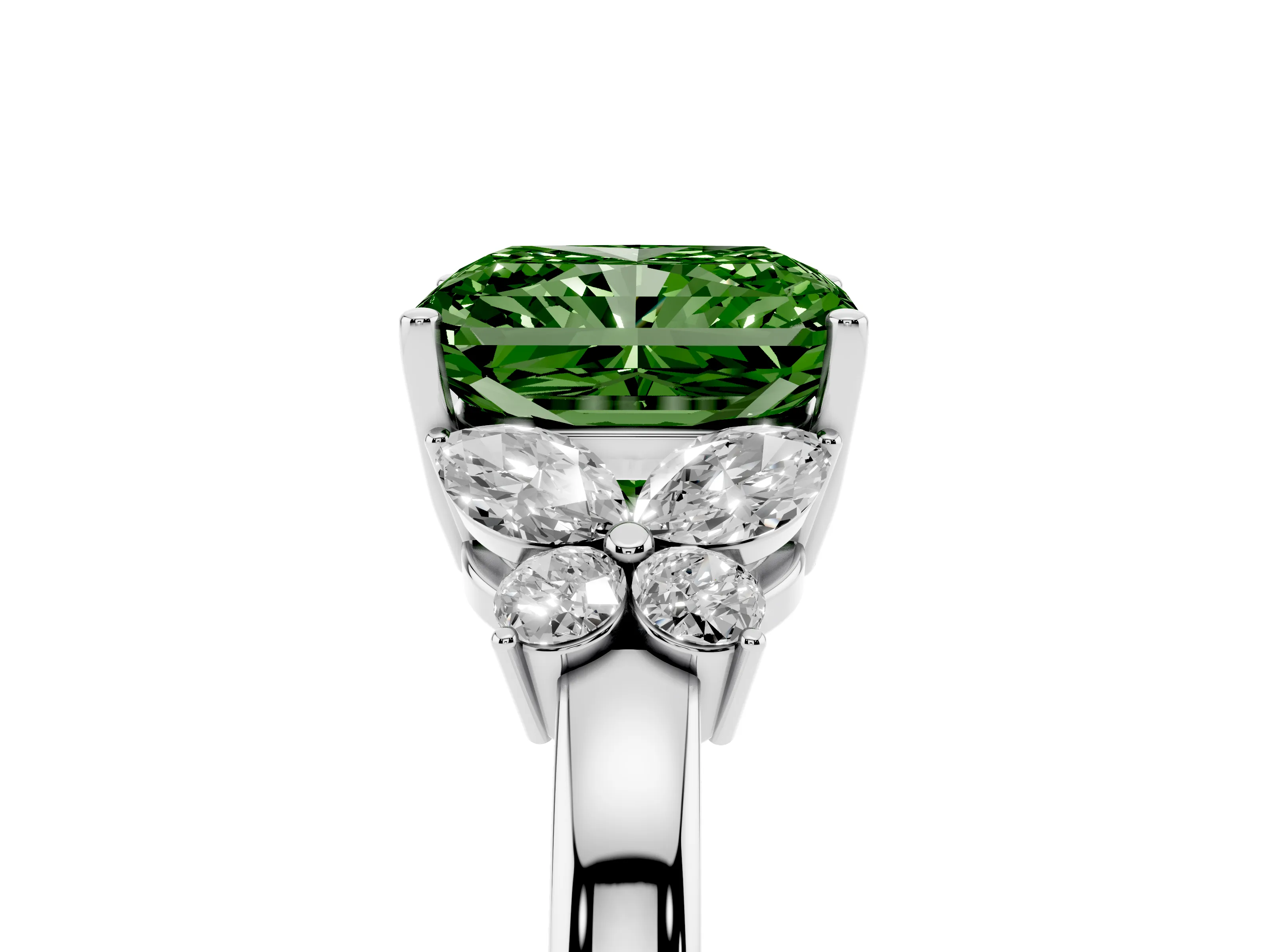 Fancy Green Radiant Cut Diamond Solitaire Floral Ring Set in Platinum with Marquise Petals and Prong Setting