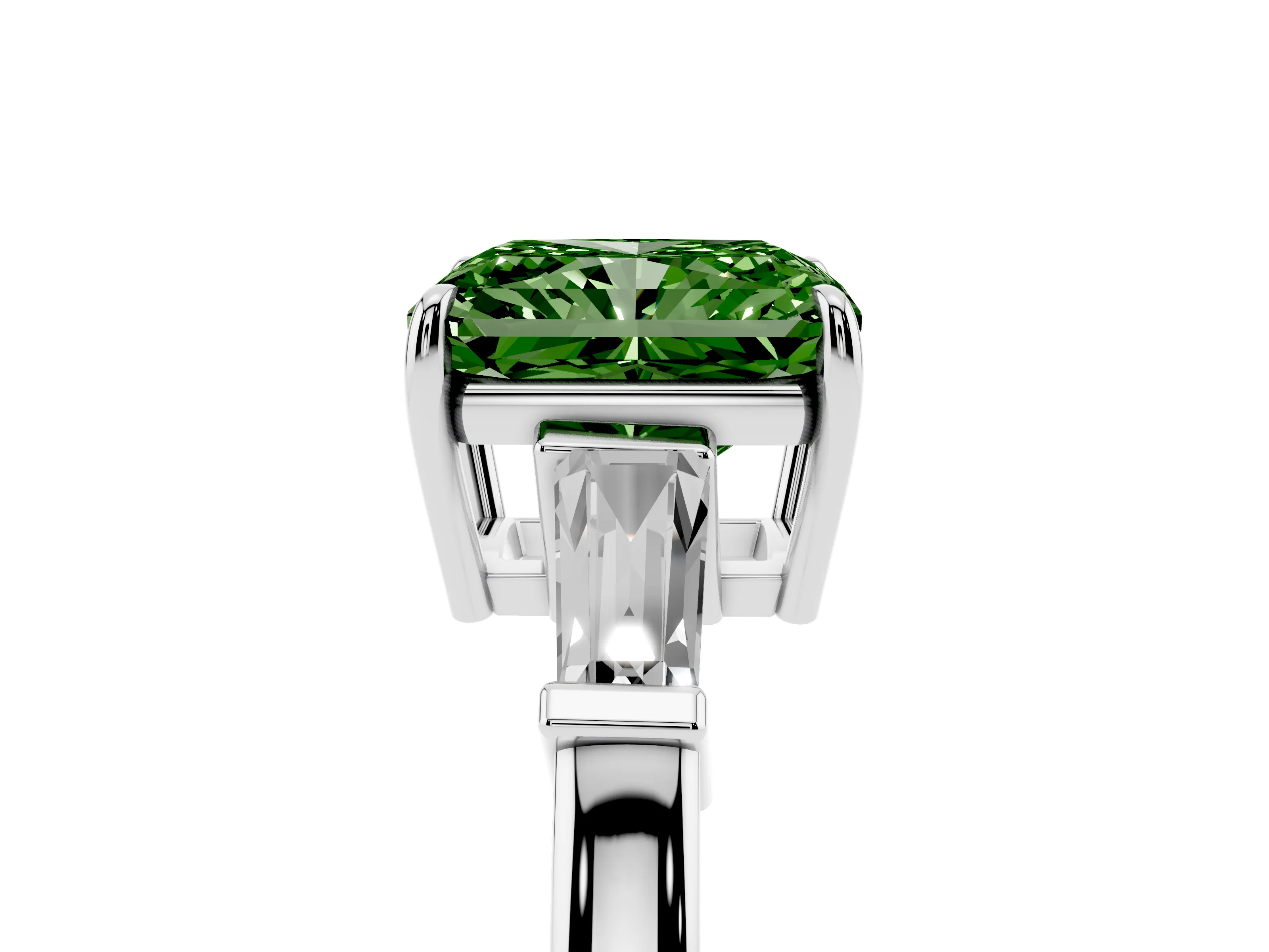 Fancy Green Radiant Cut Diamond Three-Stone Ring Set in Platinum with Tapered Baguette Side Stones and Prong Setting