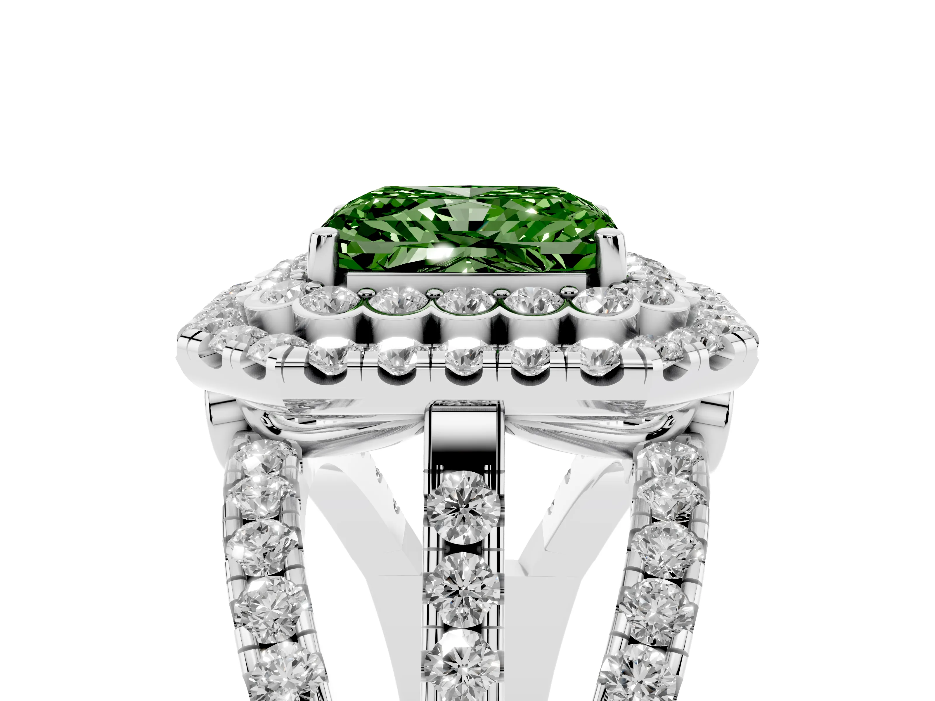 Fancy Green Radiant Cut Diamond Double Halo Ring Set in White gold with Round Pavé Split Shank