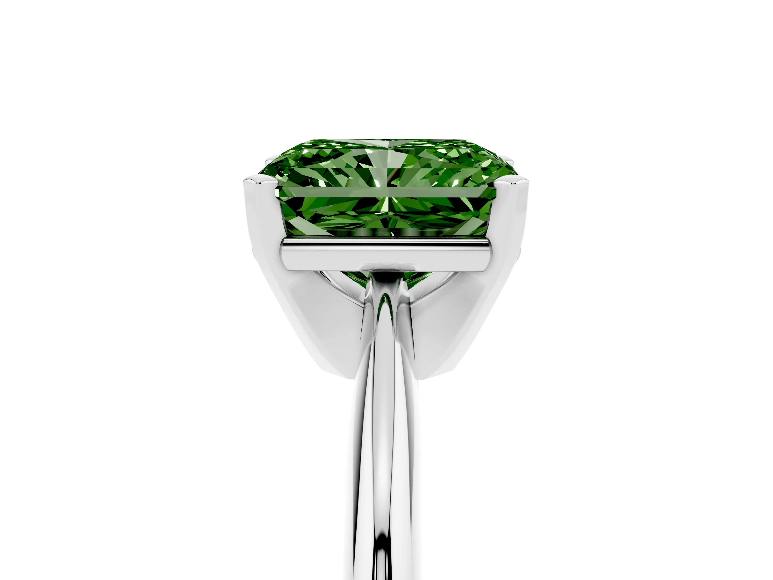 Fancy Green Radiant Cut Diamond Solitaire Ring Set in Silver with Prong Setting on a Plain Round Band