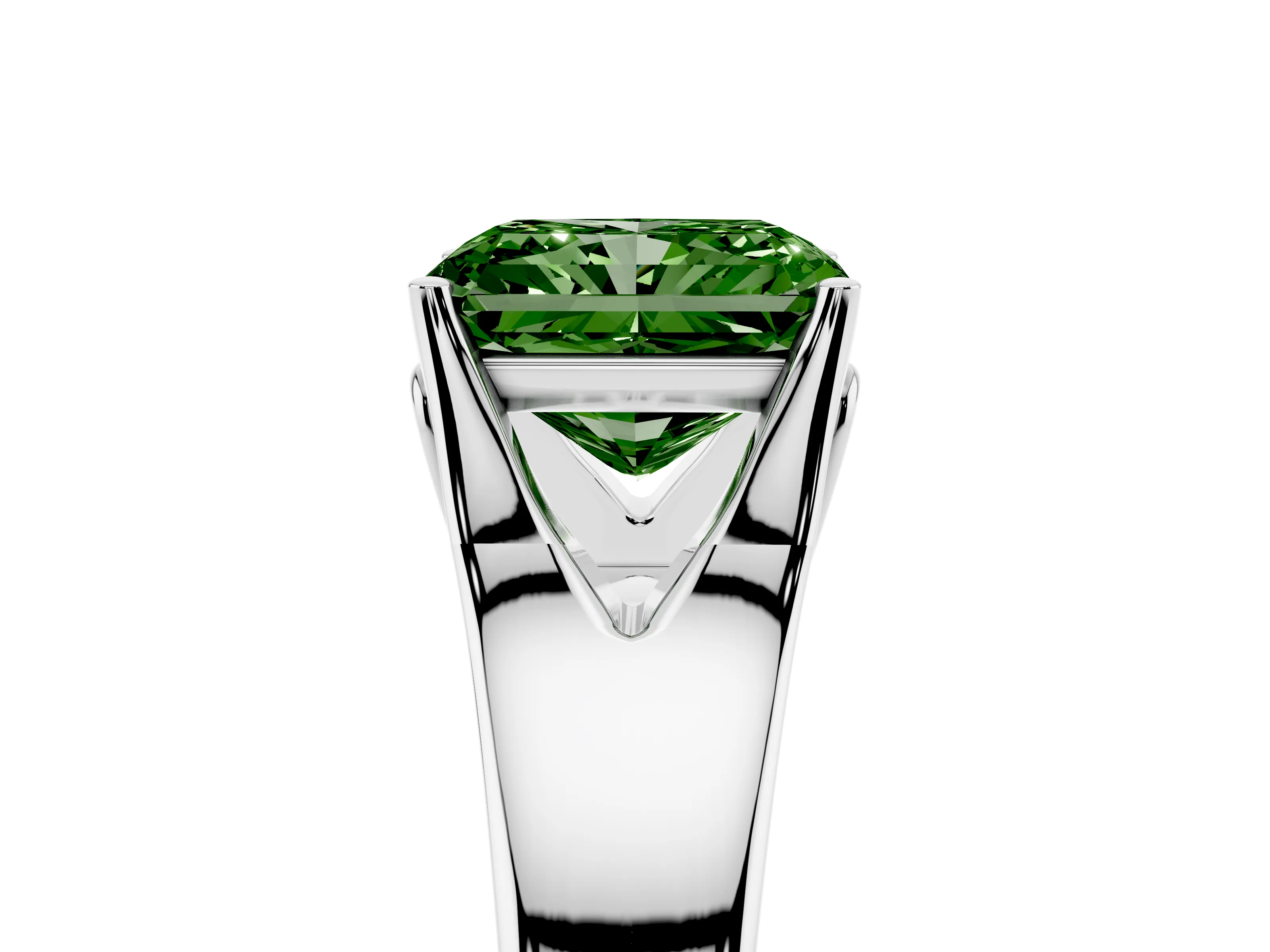 Fancy Green Radiant Cut Diamond Solitaire Ring Set in Platinum with Arched Cathedral Band and Prong Setting