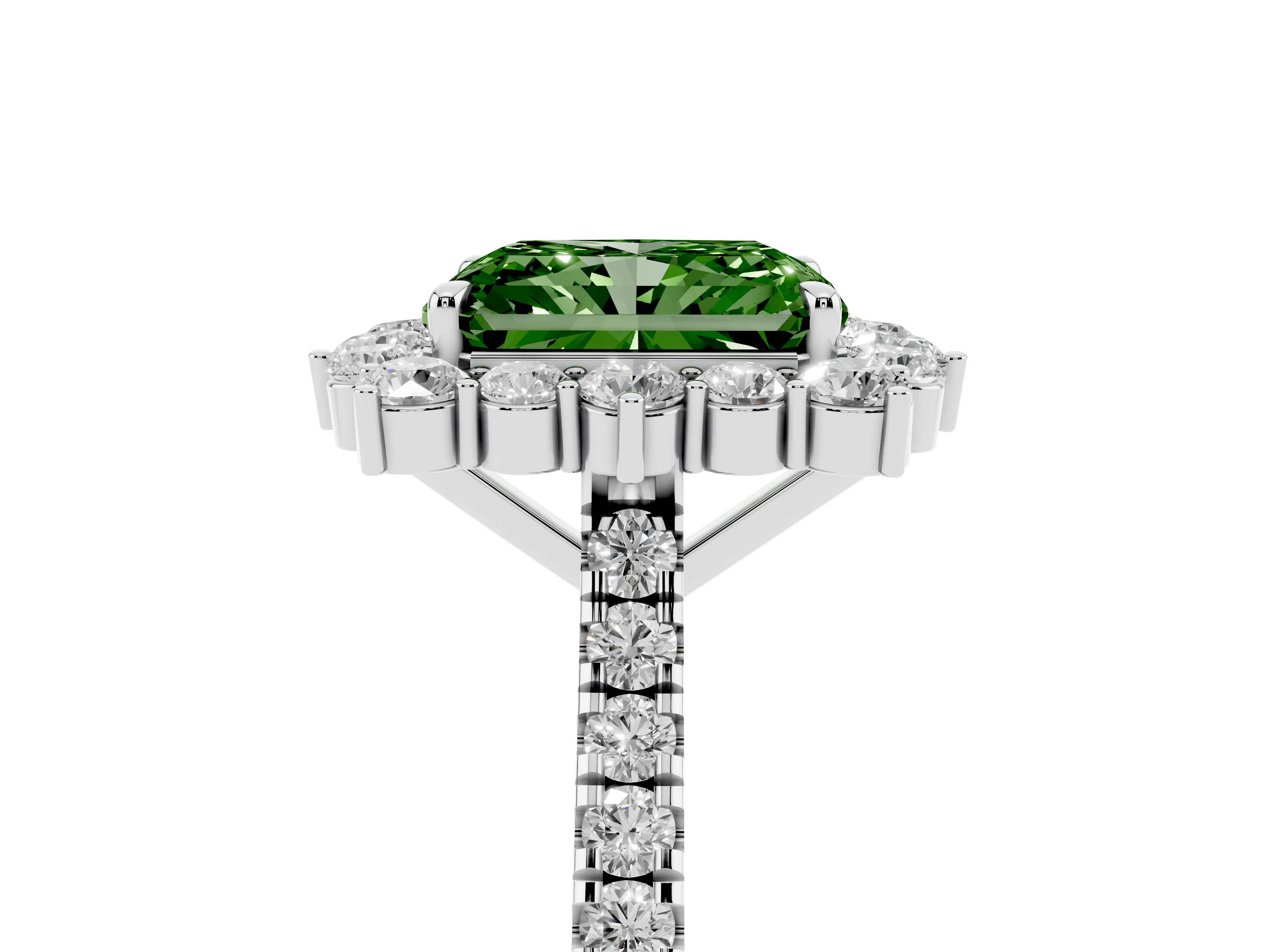 Fancy Green Radiant Cut Diamond Halo Ring Set in Silver with Pavé Band and Prong Setting