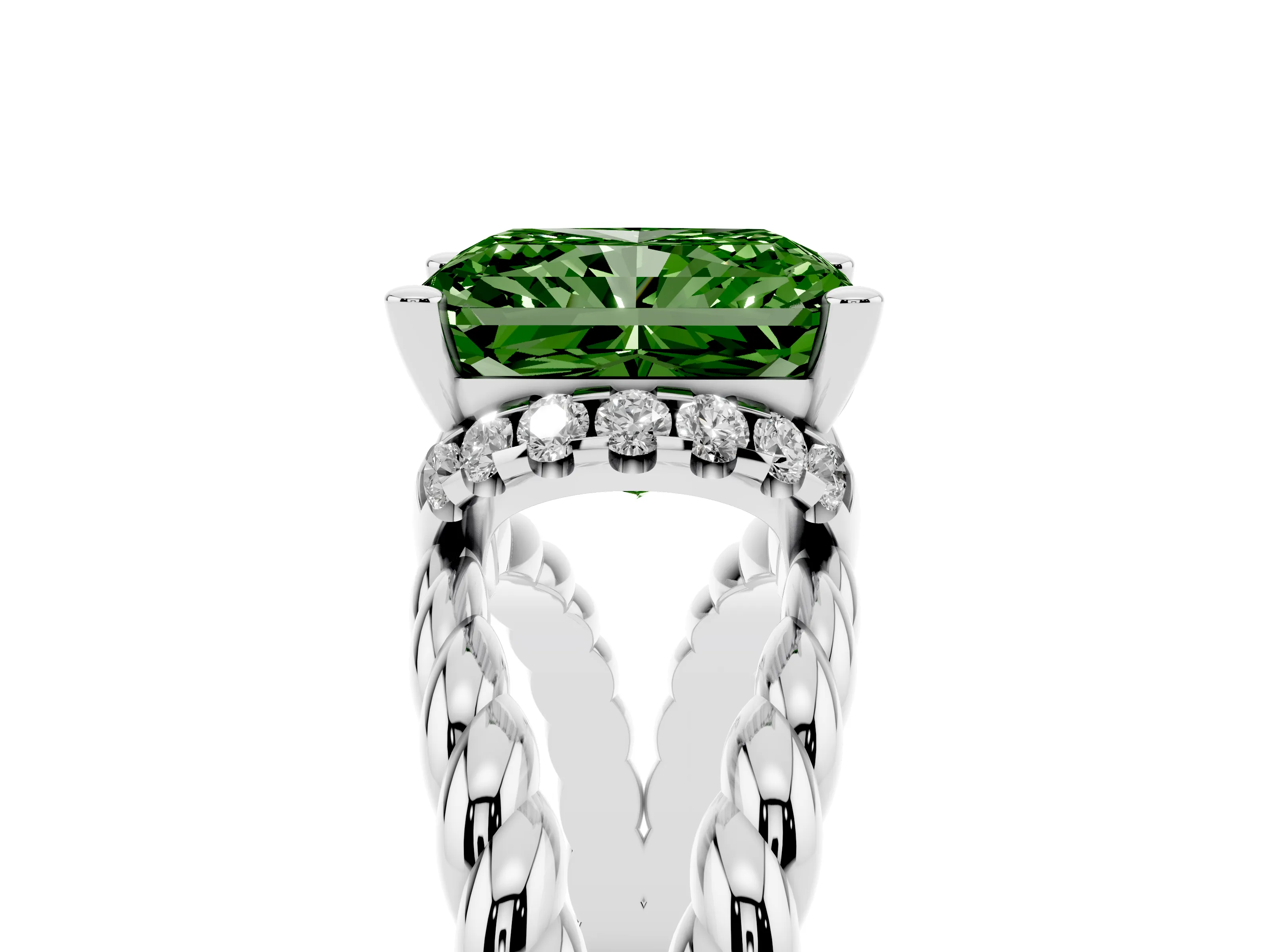Fancy Green Radiant Cut Diamond Halo Ring Set in White gold with Twisted Band and Prong Setting