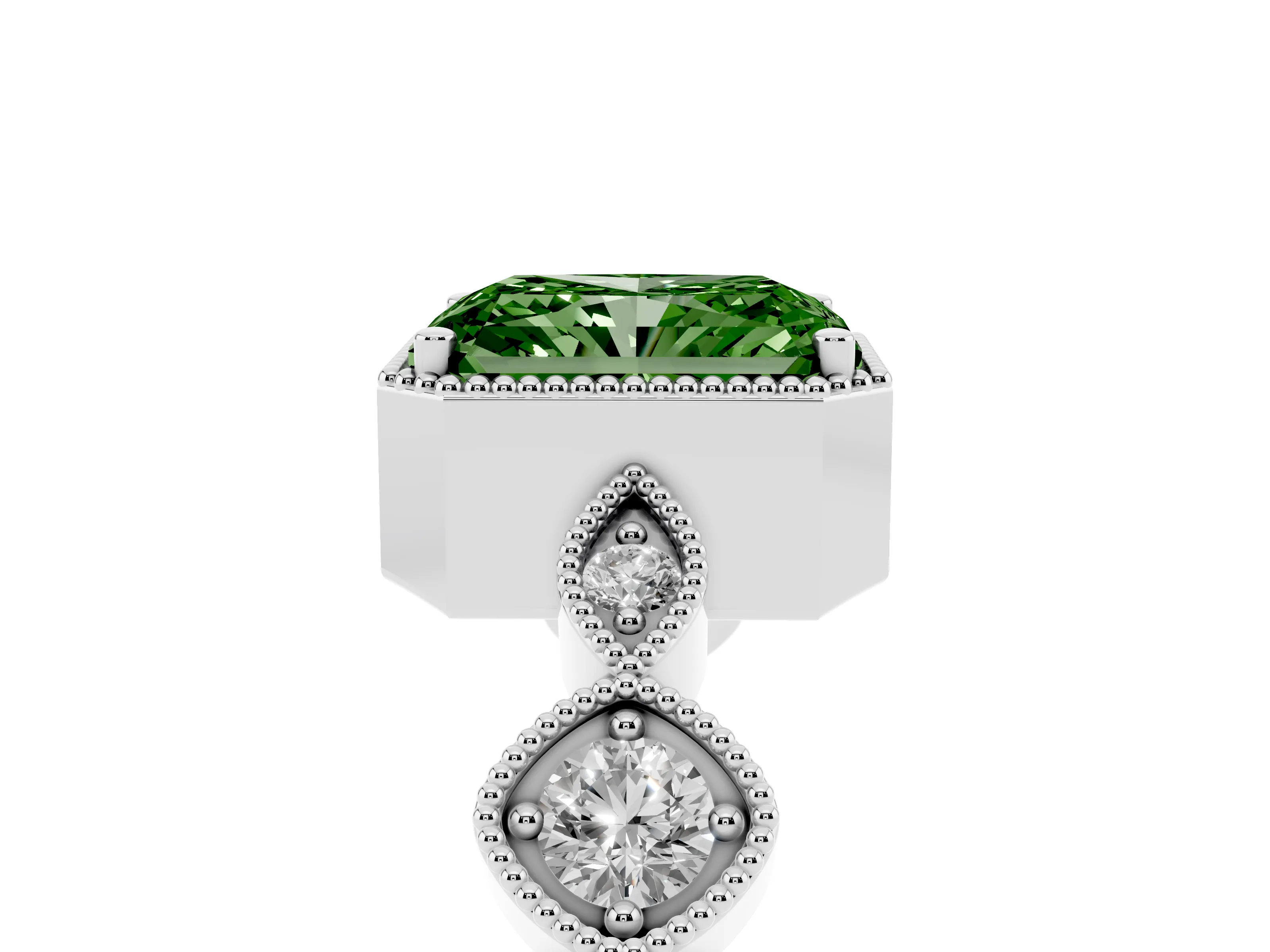 Fancy Green Radiant Cut Diamond Vintage-Inspired Milgrain Ring Set in Platinum with Marquise Stations of Round Accents