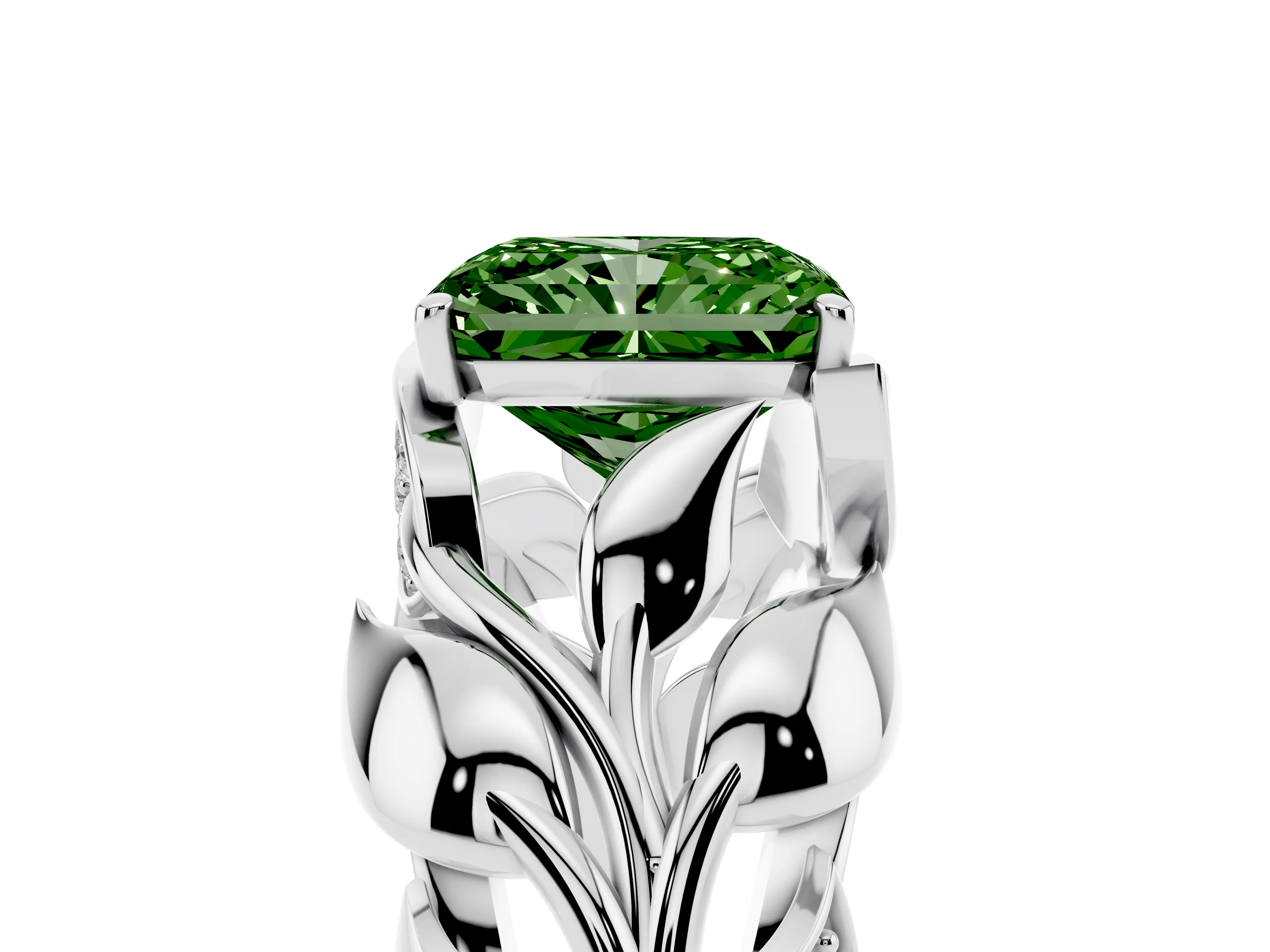 Fancy Green Radiant Cut Diamond Leaf-Inspired Engagement Ring Set in White gold with Round Accents