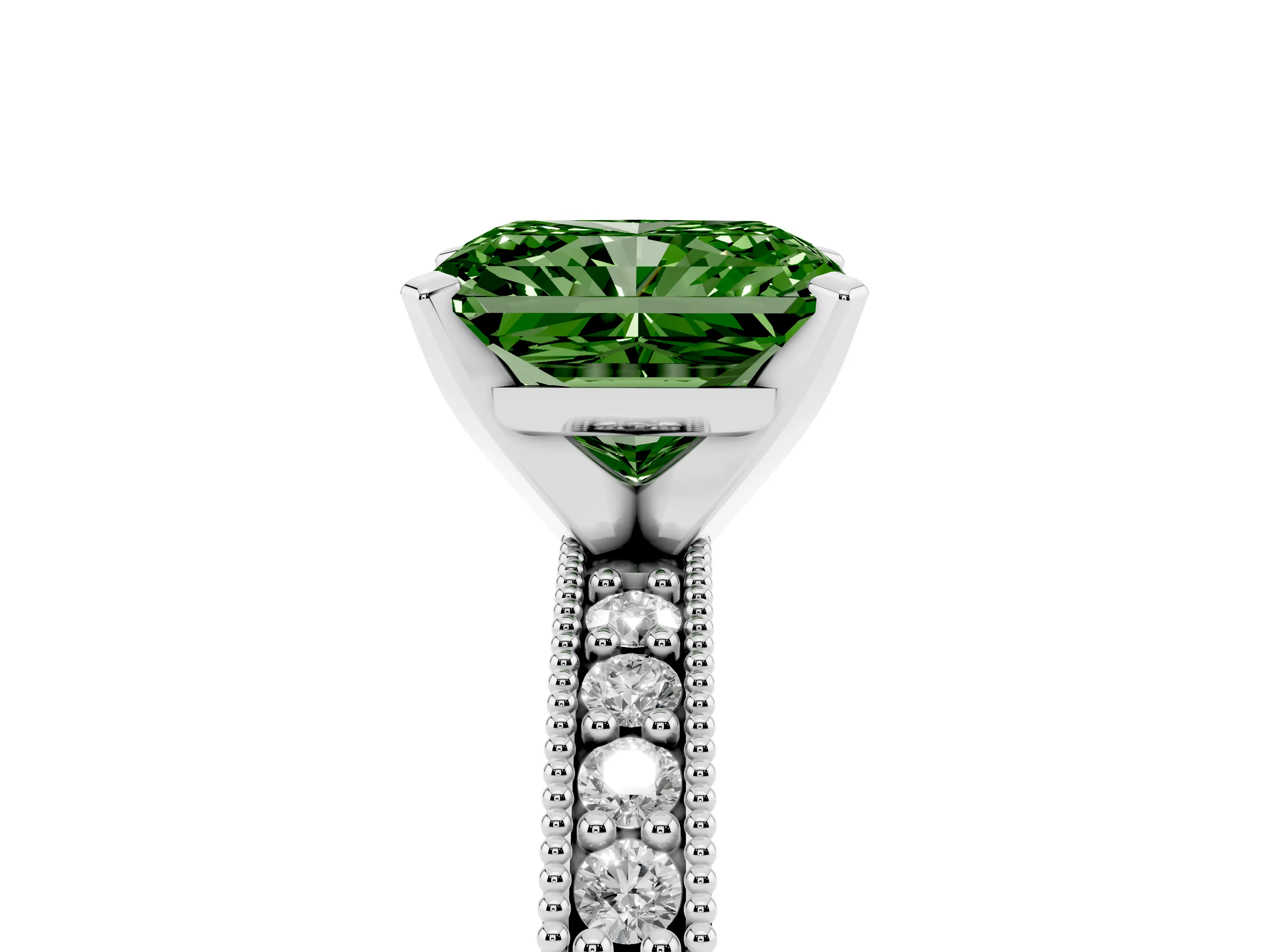 Fancy Green Radiant Cut Diamond Milgrain Pavé Engagement Ring Set in White gold with Prong Setting