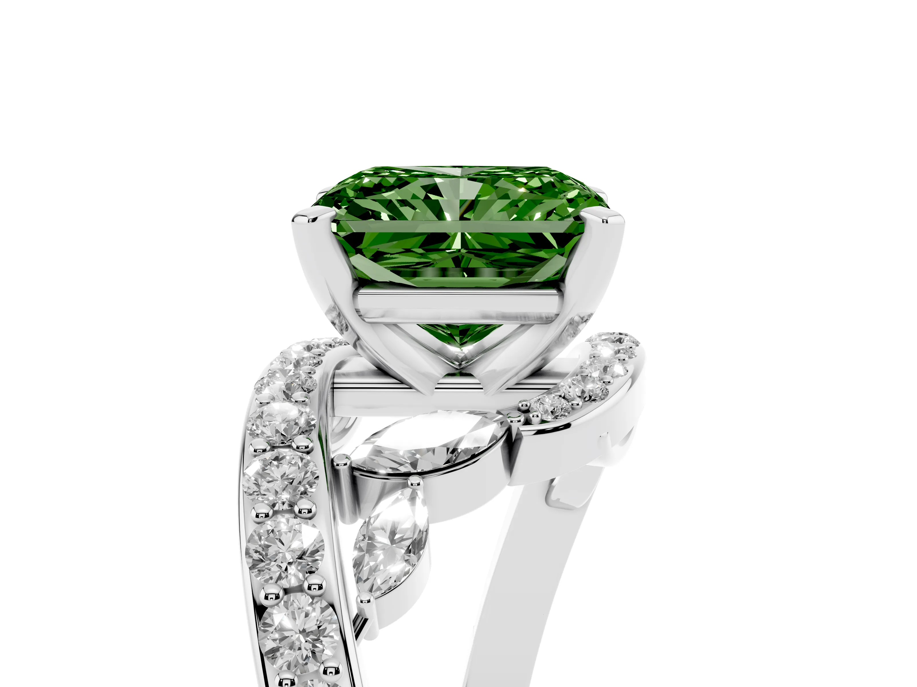 Fancy Green Radiant Cut Diamond Solitaire Ring Set in White gold with Pavé Twist Band and Secure Prong Setting