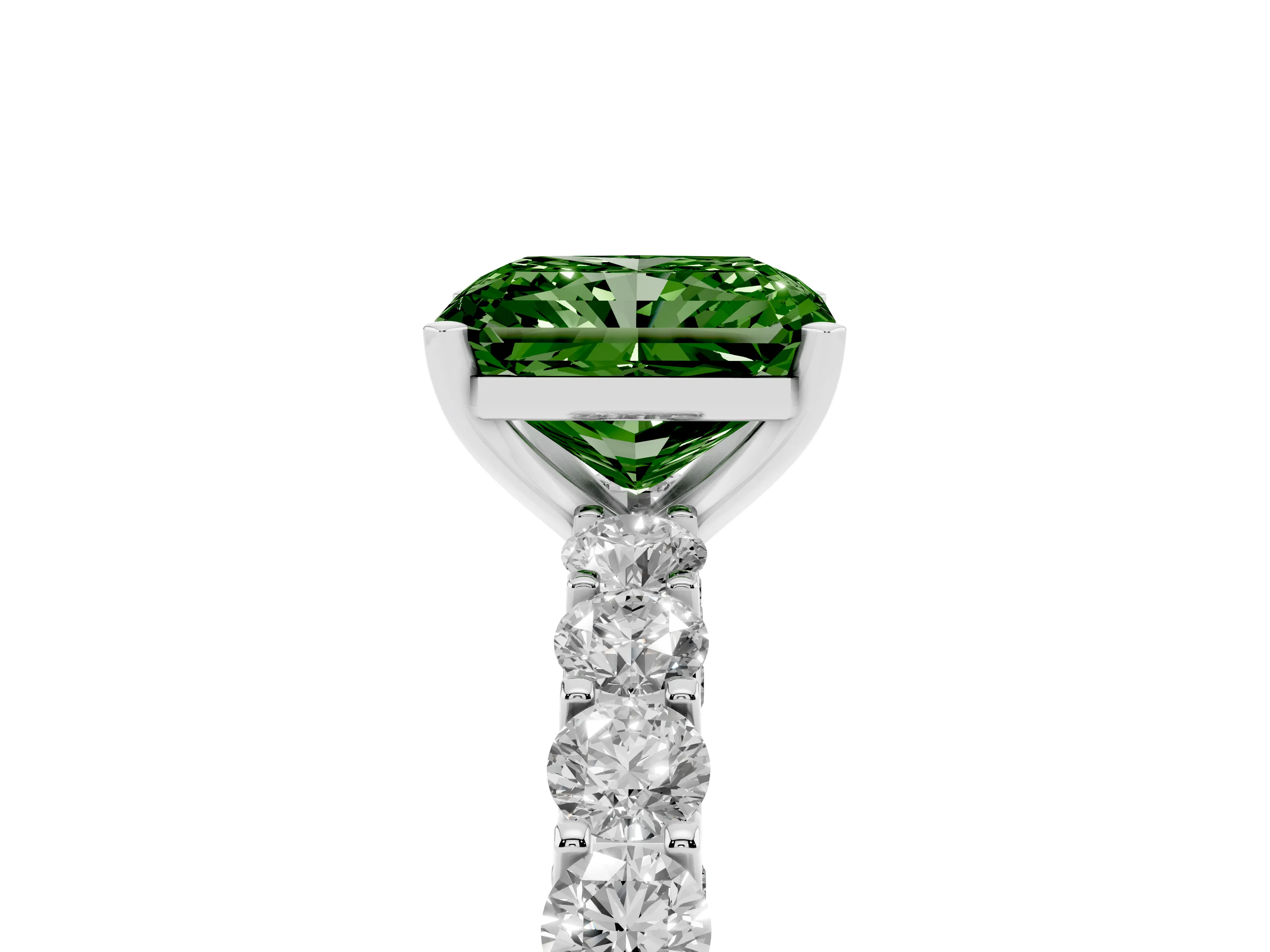 Fancy Green Radiant Cut Diamond Solitaire Ring Set in Silver with Shared Prong Pavé Band