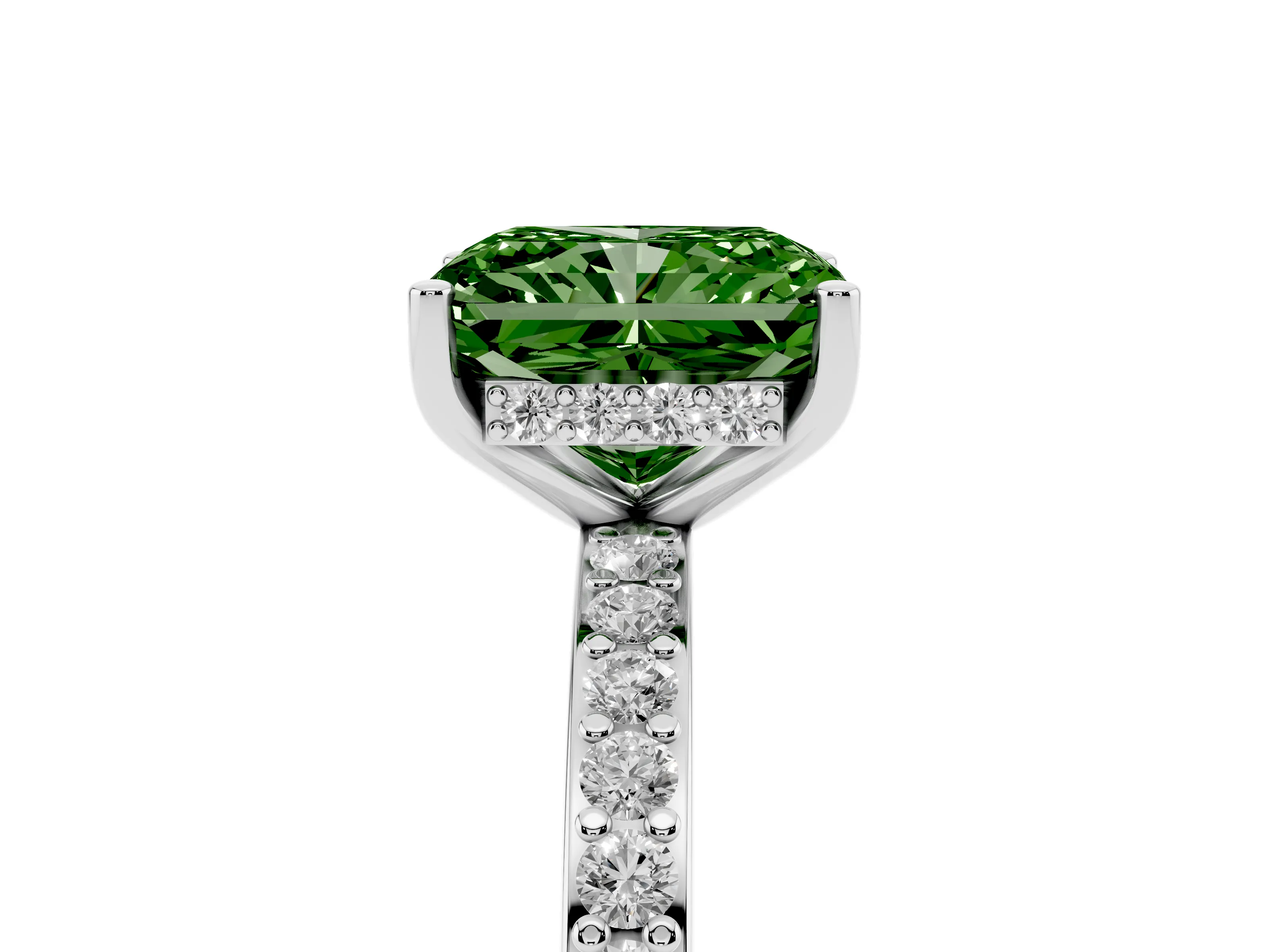 Fancy Green Radiant Cut Diamond Pavé Band Ring Set in Silver with Prong-Set Center Stone
