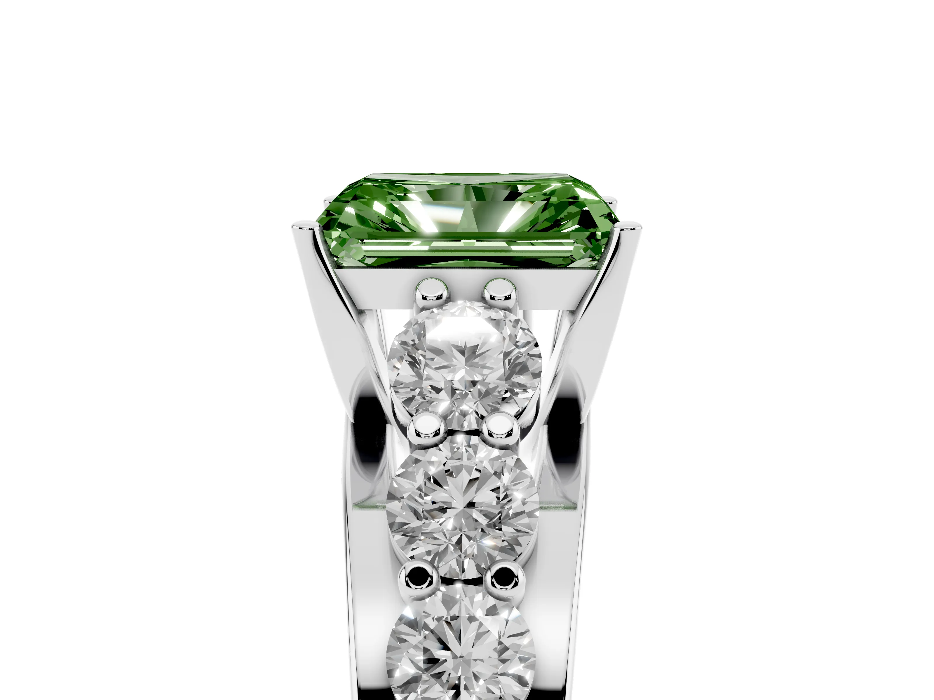 Fancy Green Radiant Cut Diamond Pavé Engagement Ring Set in Silver with Prong Setting