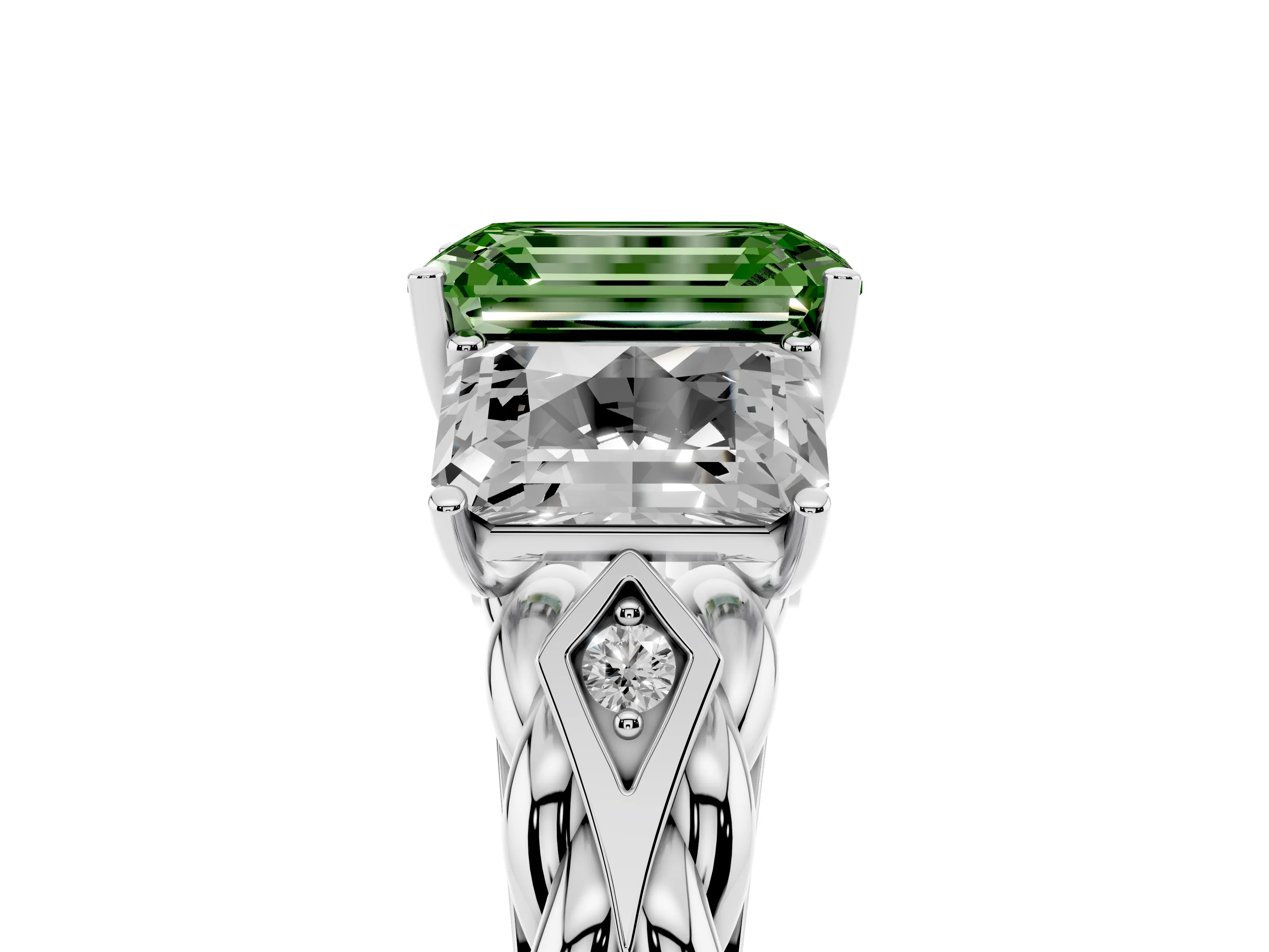 Fancy Green Radiant Cut Diamond Three-Stone Ring Set in Platinum with Braided Band