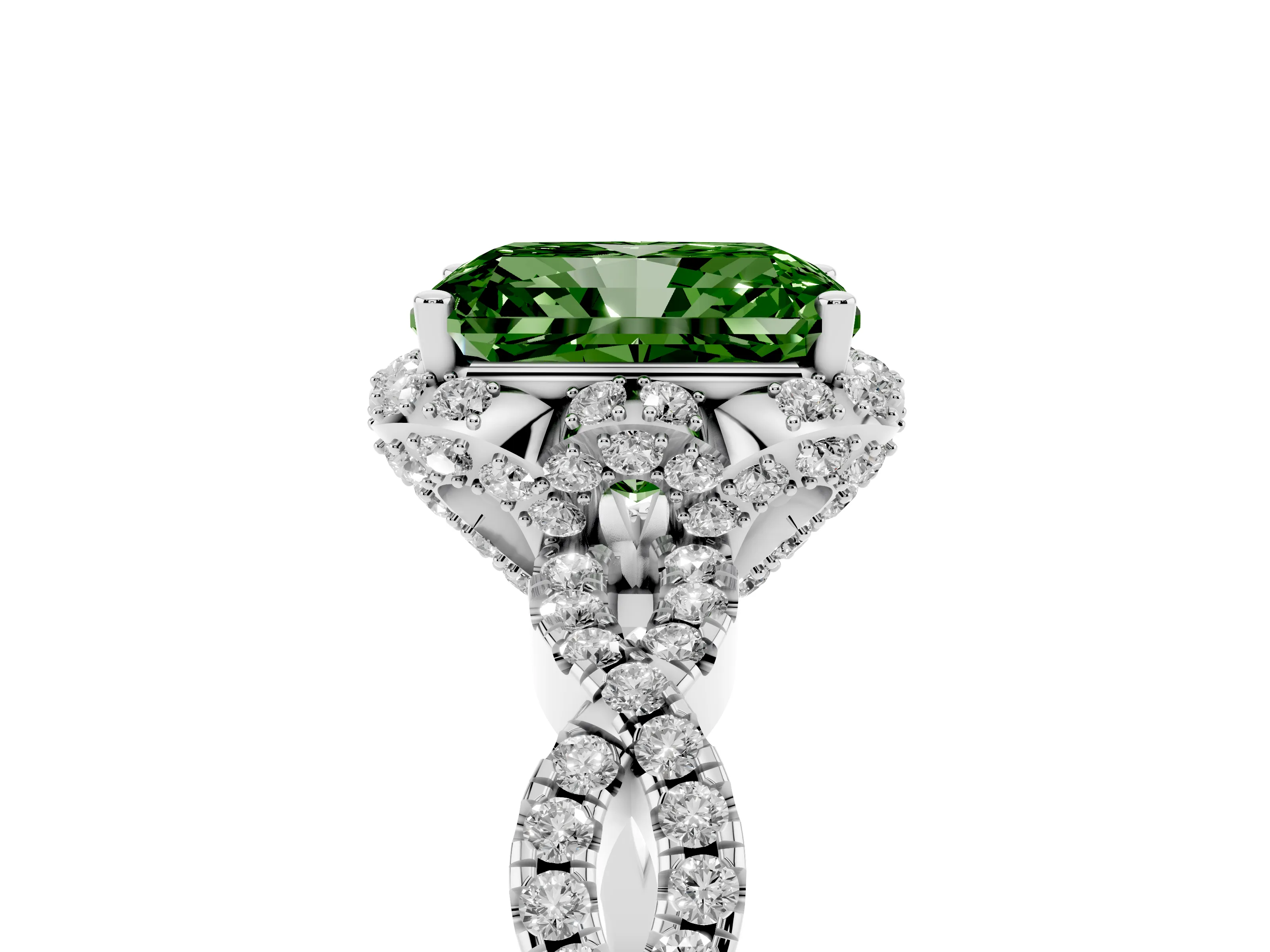 Fancy Green Radiant Cut Diamond Halo Twist Band Solitaire Ring Set in White gold with Prong-Set Center Stone