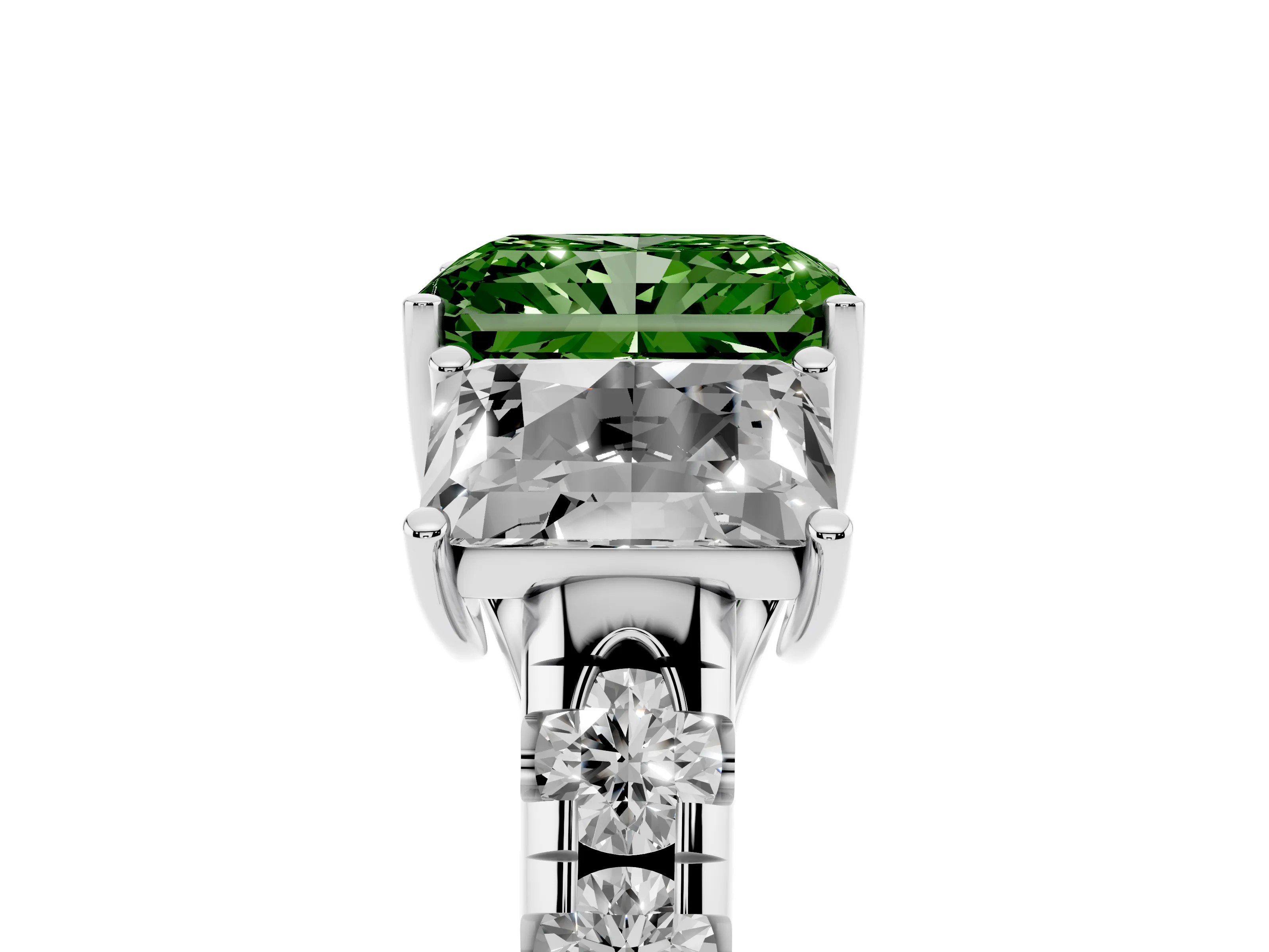Fancy Green Radiant Cut Diamond Three-Stone Ring Set in Platinum with Pavé Band