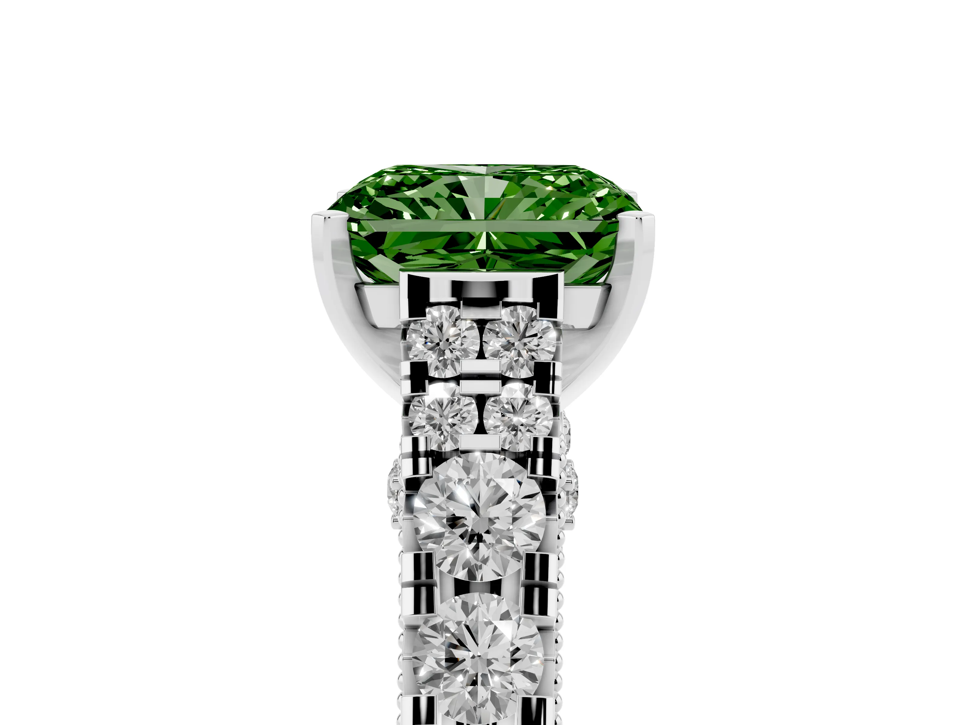 Fancy Green Radiant Cut Diamond Classic Solitaire Ring Set in White gold with Pavé Band and Prong Setting