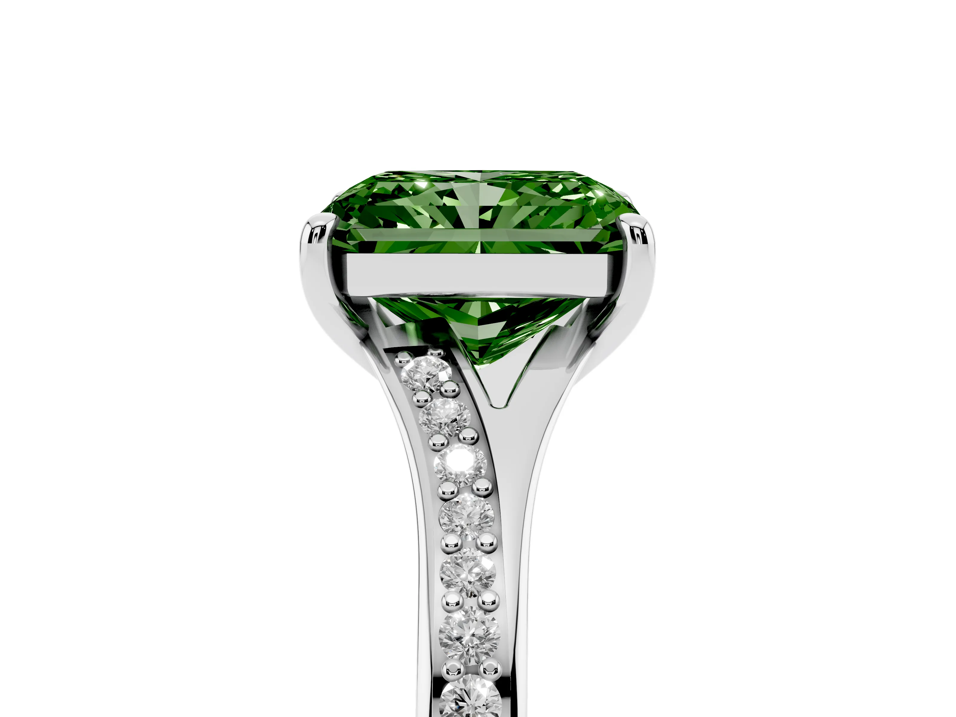 Fancy Green Radiant Cut Diamond Solitaire Ring Set in Platinum with Pavé Accent Band and Classic Prong Setting