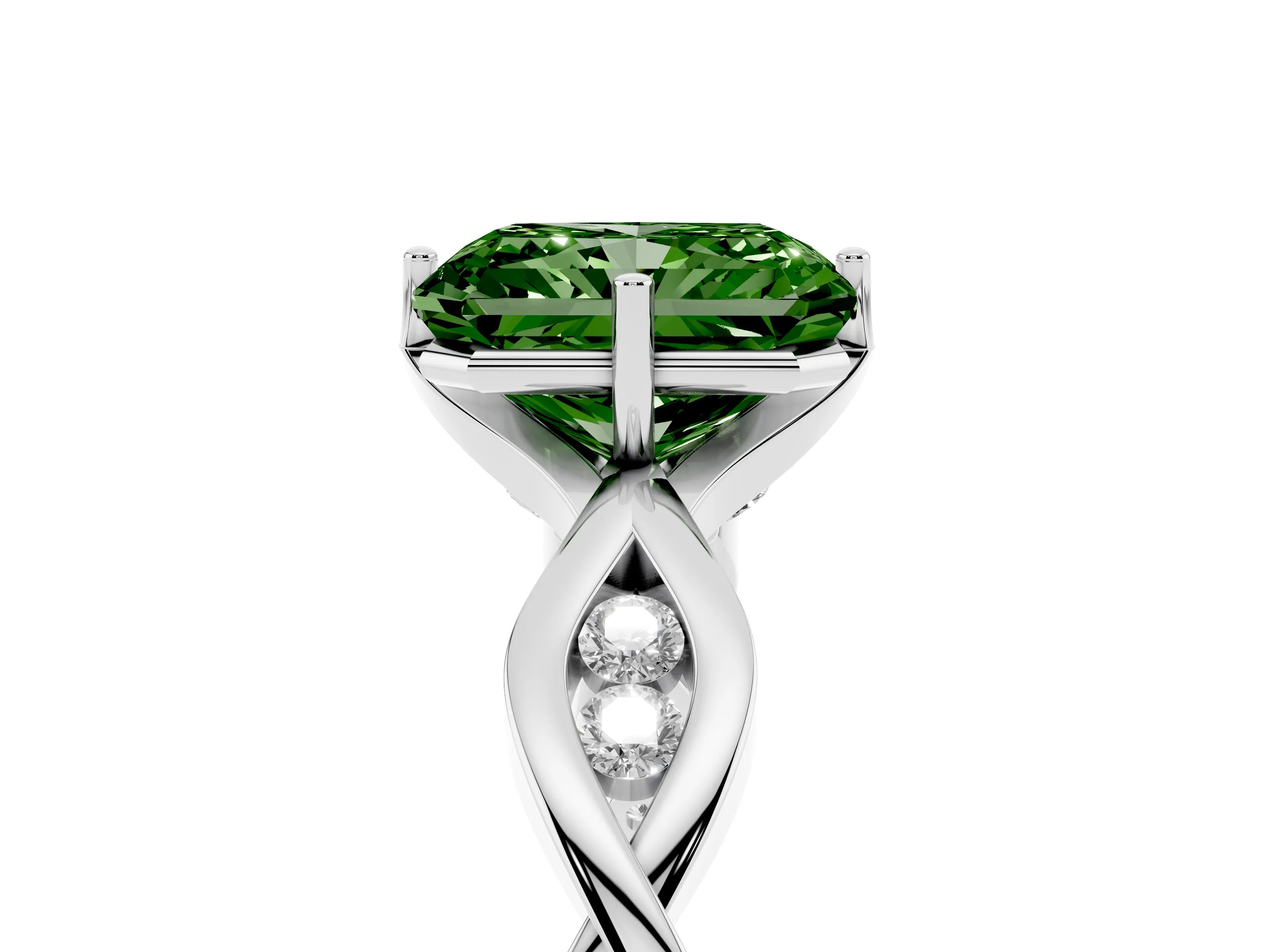 Fancy Green Radiant Cut Diamond Twist Band Solitaire Ring Set in Silver with Leaf Prong Setting and Accent Stones