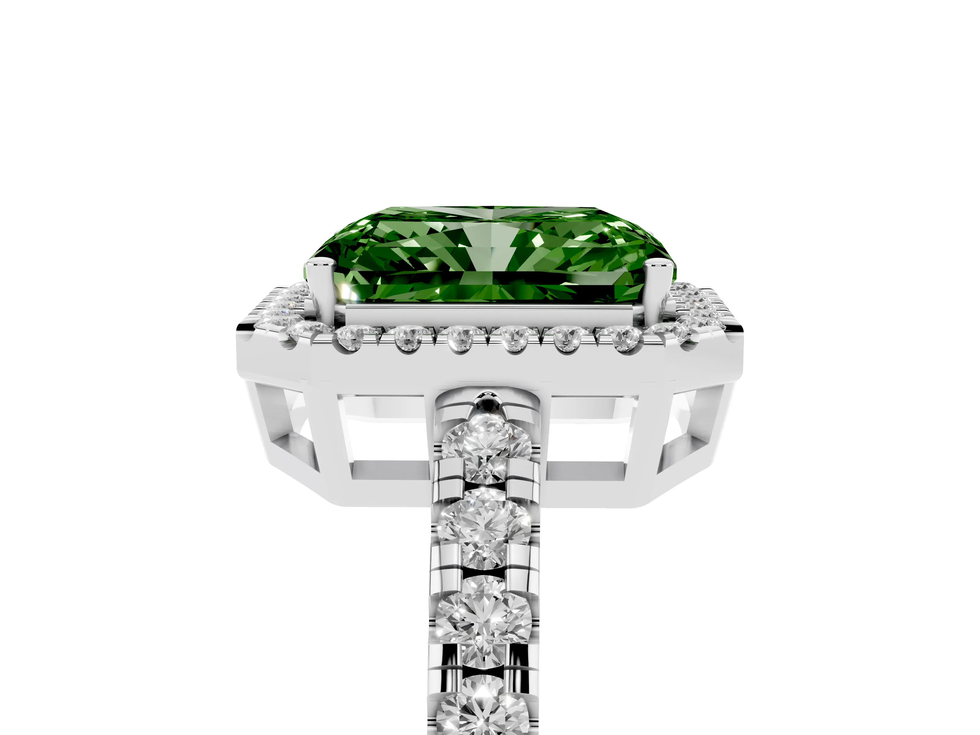 Fancy Green Radiant Cut Diamond Halo Ring Set in White gold with Delicate Pavé Band and Prong Setting
