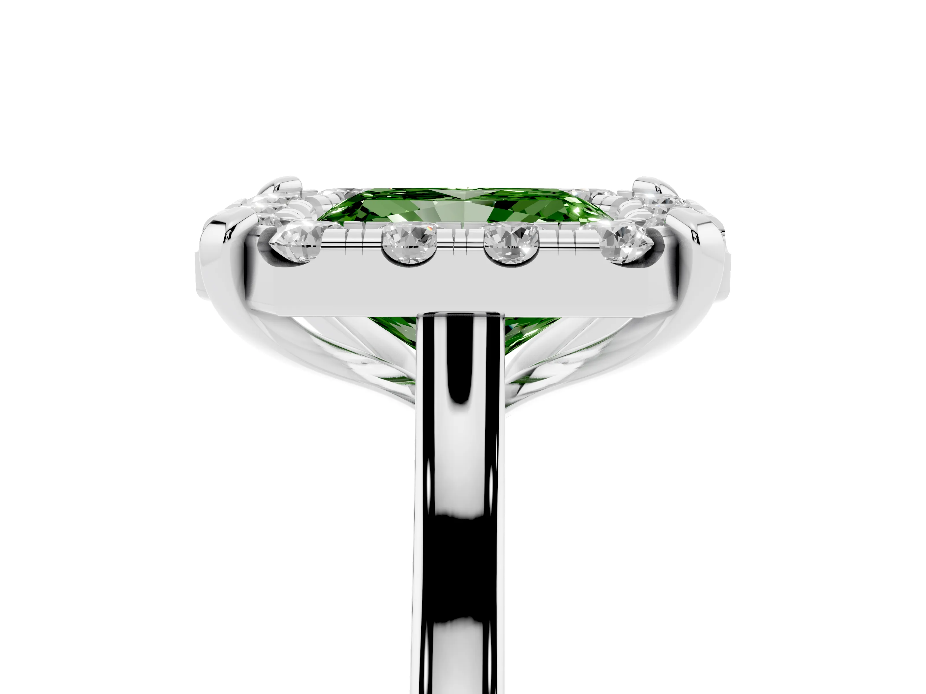 Fancy Green Radiant Cut Diamond Cluster Halo Solitaire Ring Set in Silver with Prong Setting