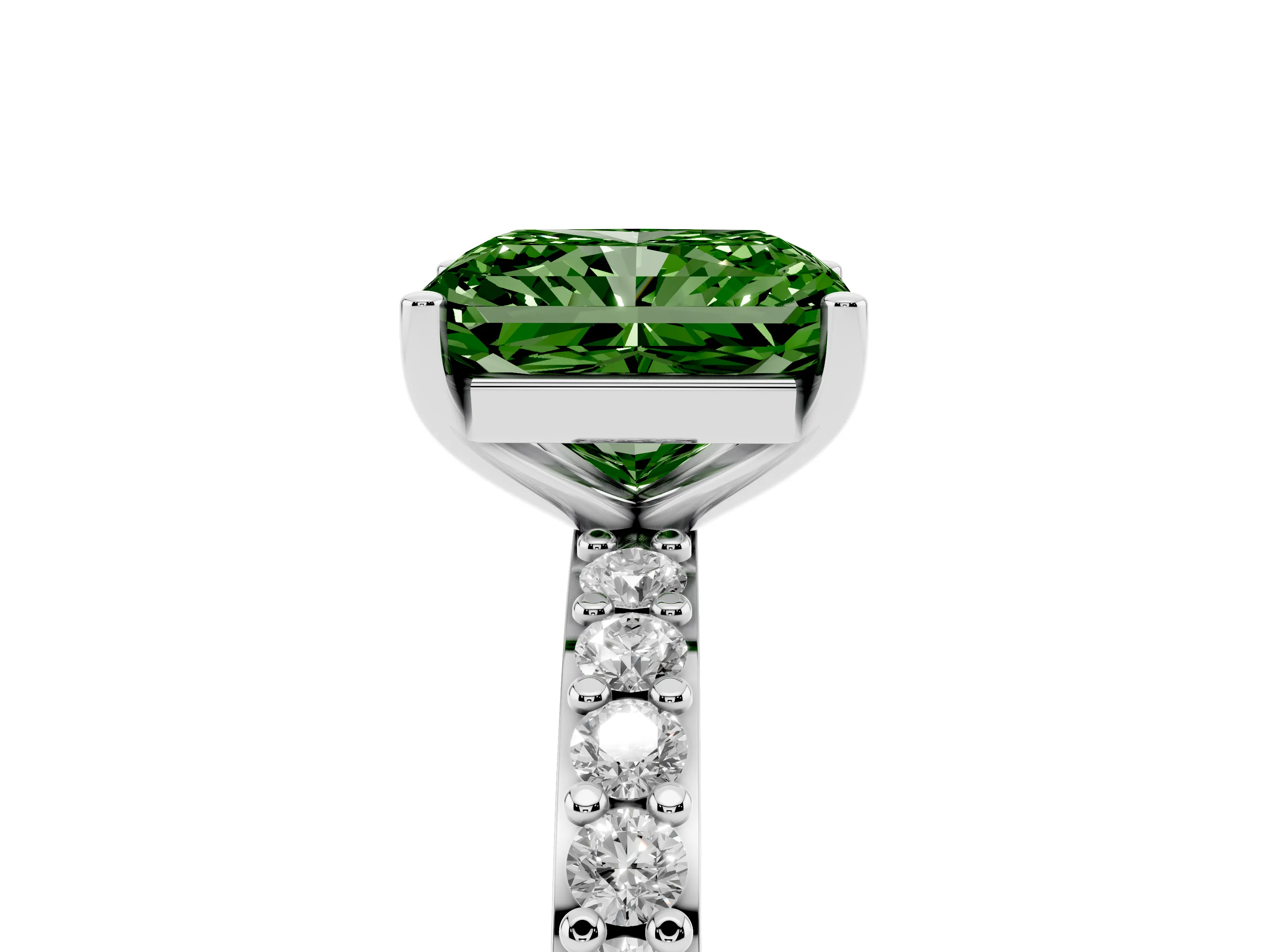 Fancy Green Radiant Cut Diamond Solitaire Set in Platinum with Round Pavé Band and Prong Setting