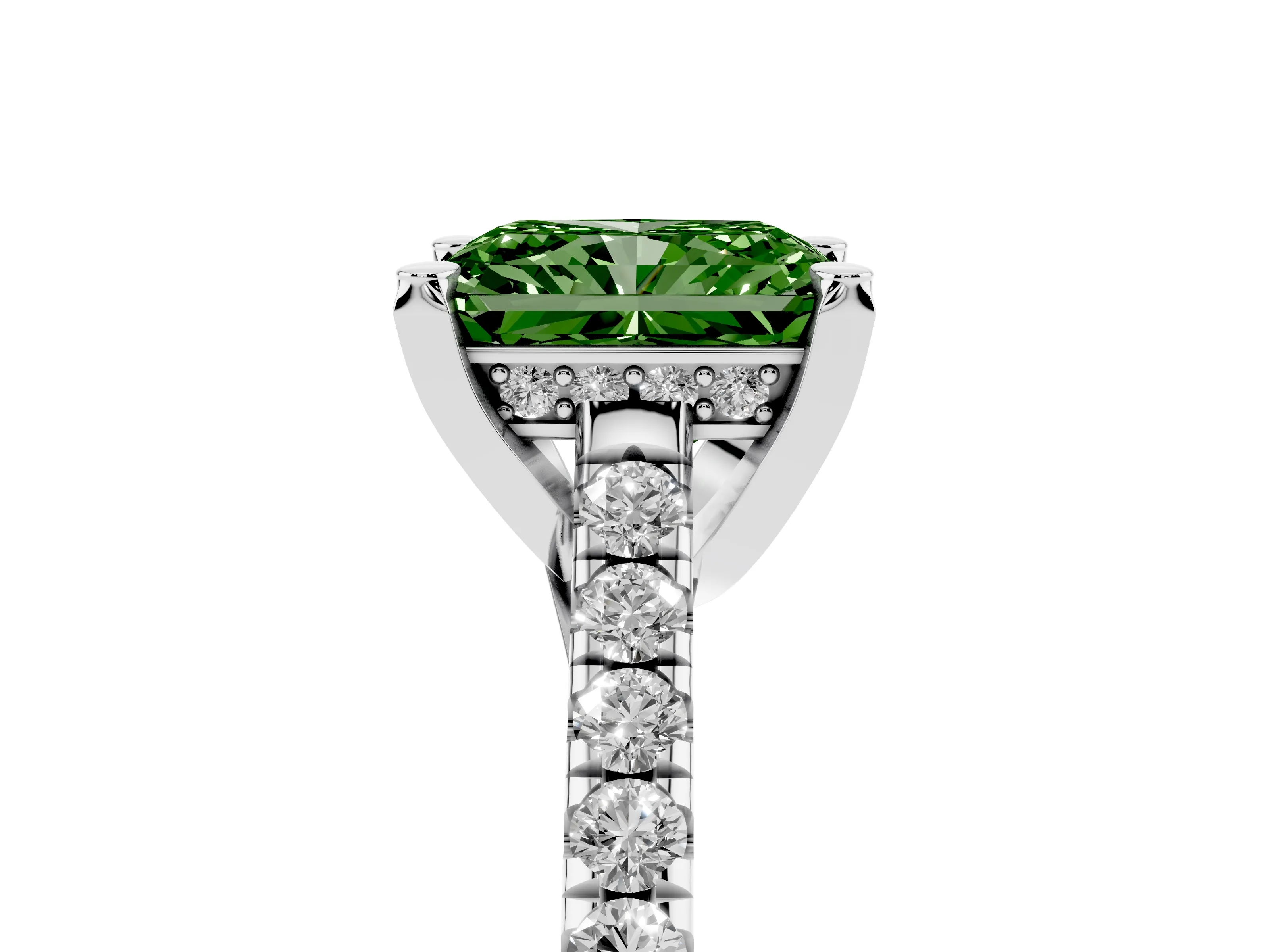 Fancy Green Radiant Cut Diamond Solitaire Ring Set in Silver with Brilliant Pavé Band and Prong Setting