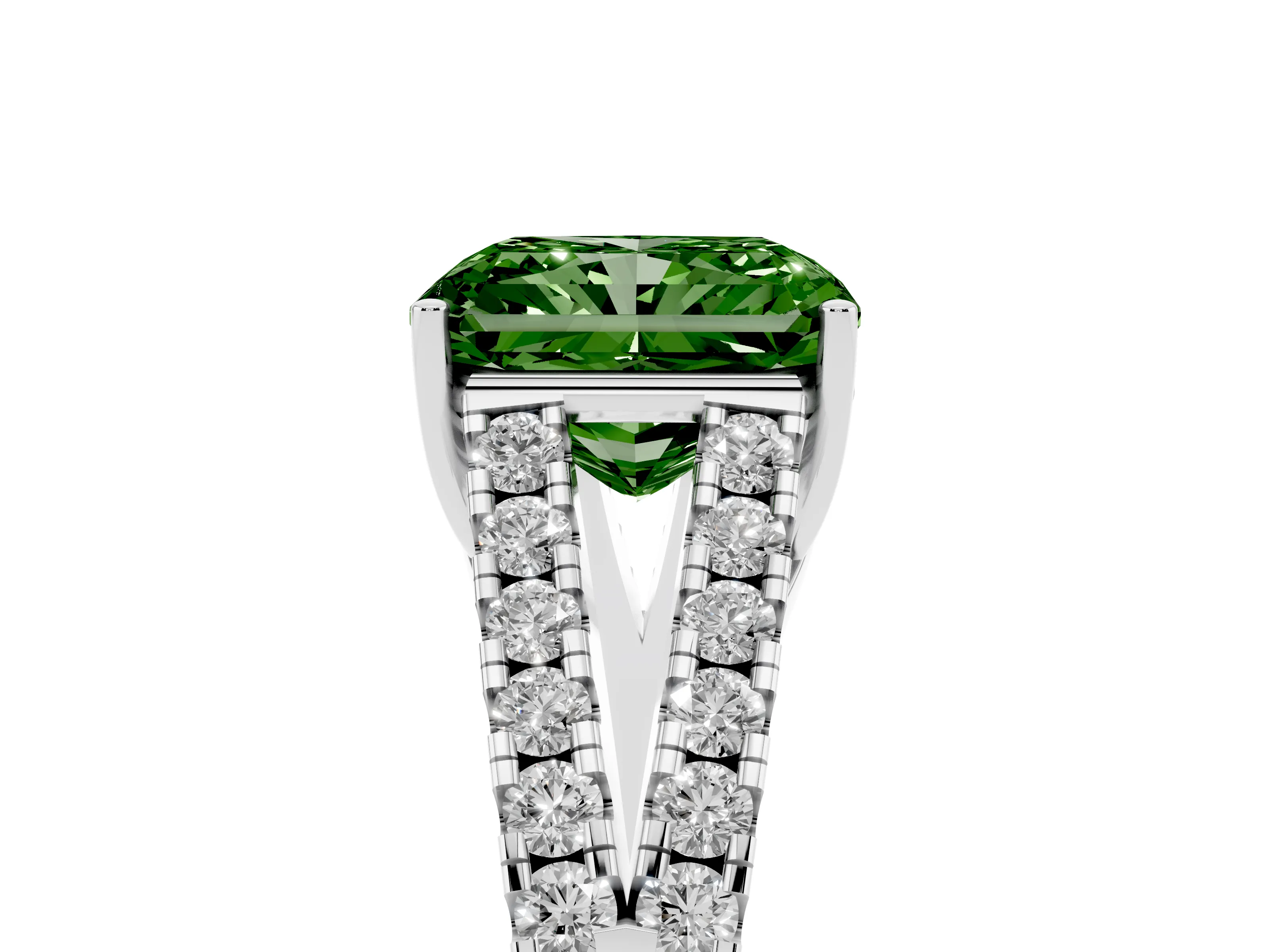 Fancy Green Radiant Cut Diamond Split Shank Pavé Engagement Ring Set in Platinum with Prong-Held Center Stone