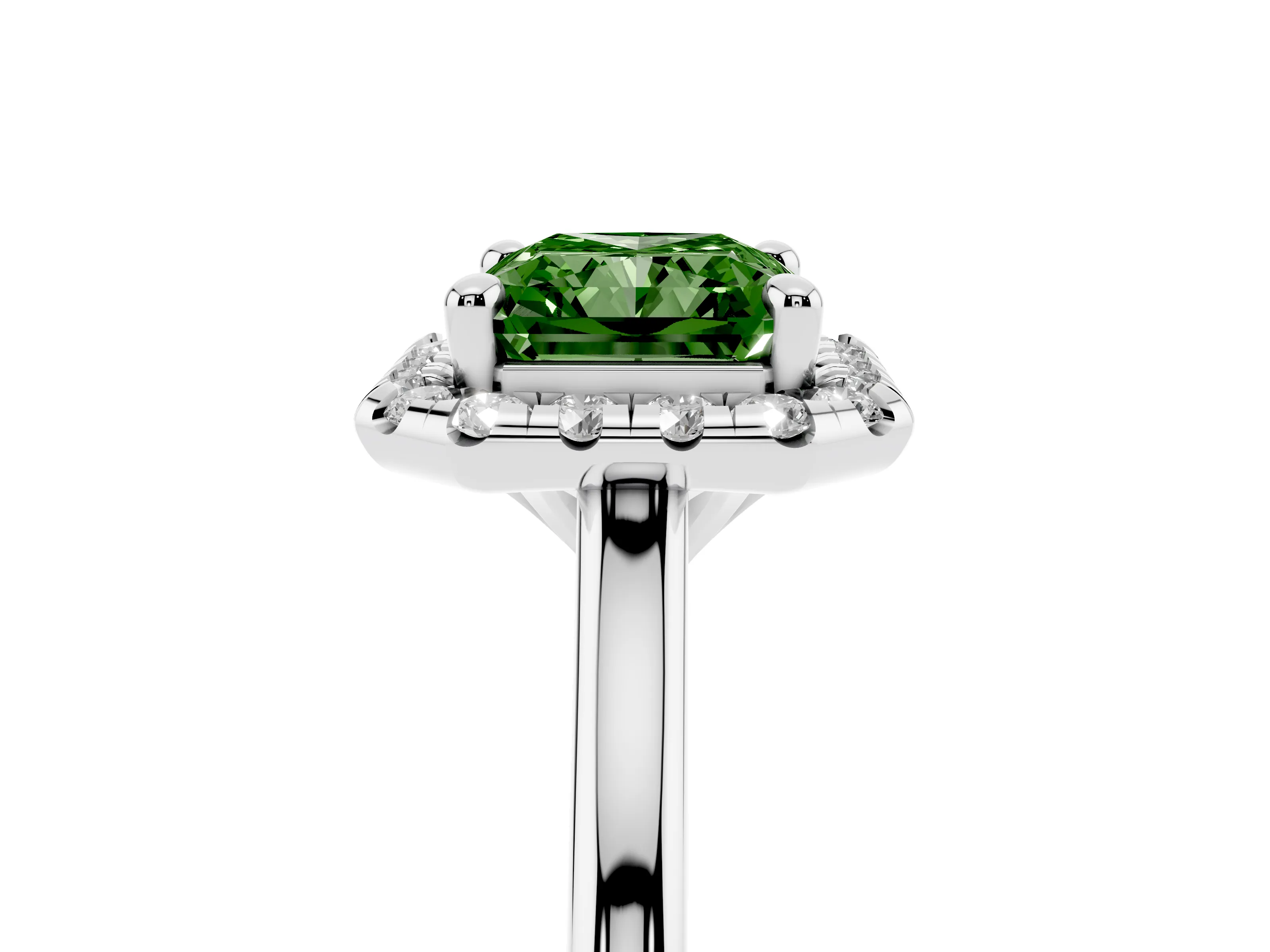 Fancy Green Radiant Cut Diamond Halo Engagement Ring Set in White gold with Pavé Band and Rising Shoulders