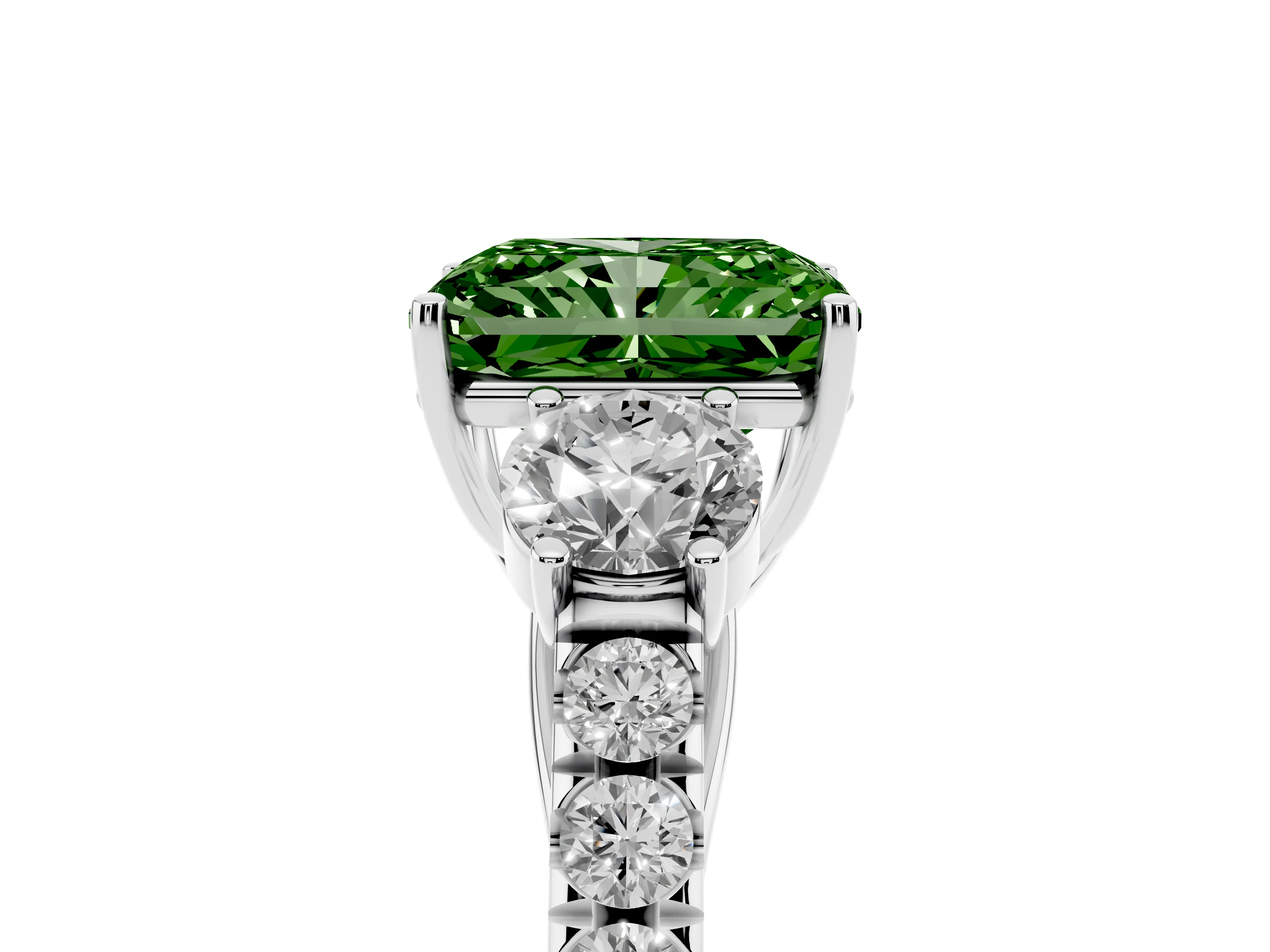 Fancy Green Radiant Cut Diamond Three-Stone Ring Set in Silver with Round Side Stones and Delicate Pavé Band