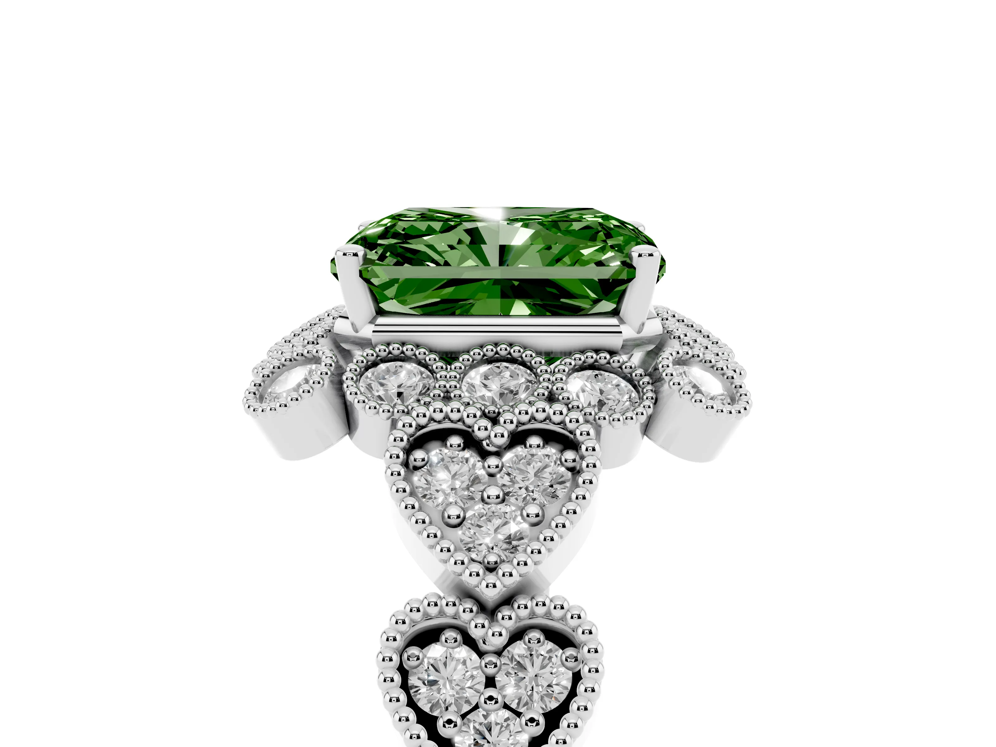 Fancy Green Radiant Cut Diamond Solitaire Ring Set in Silver with Milgrain Pavé Heart Band